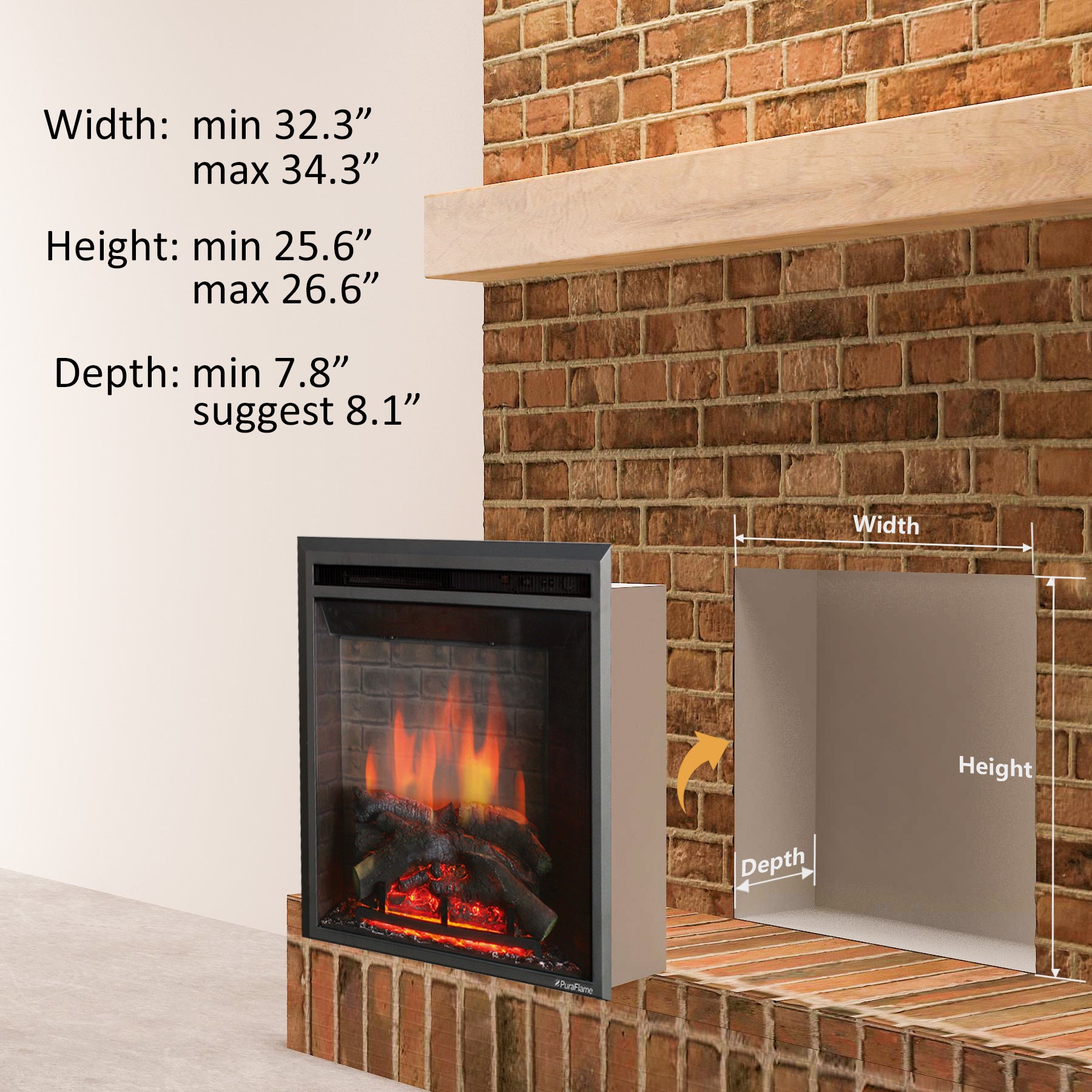 PuraFlame 33” Western Electric Fireplace Insert with Fire Crackling Sound