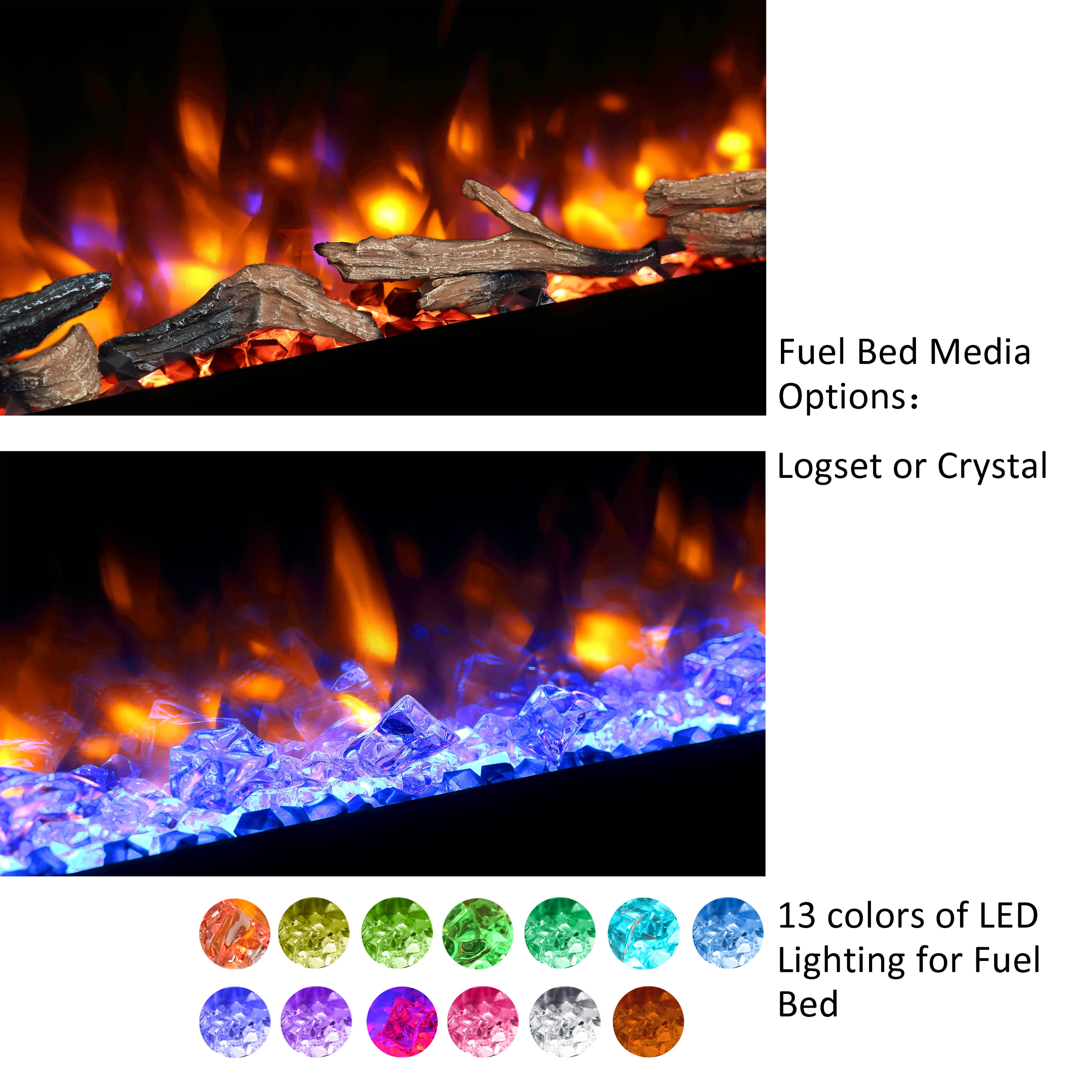 PuraFlame Alice 40&68 Inches Recessed Electric Fireplace, Flush Mounted for 2 X 6 Stud, Log Set & Crystal, 1500W Heater, Black