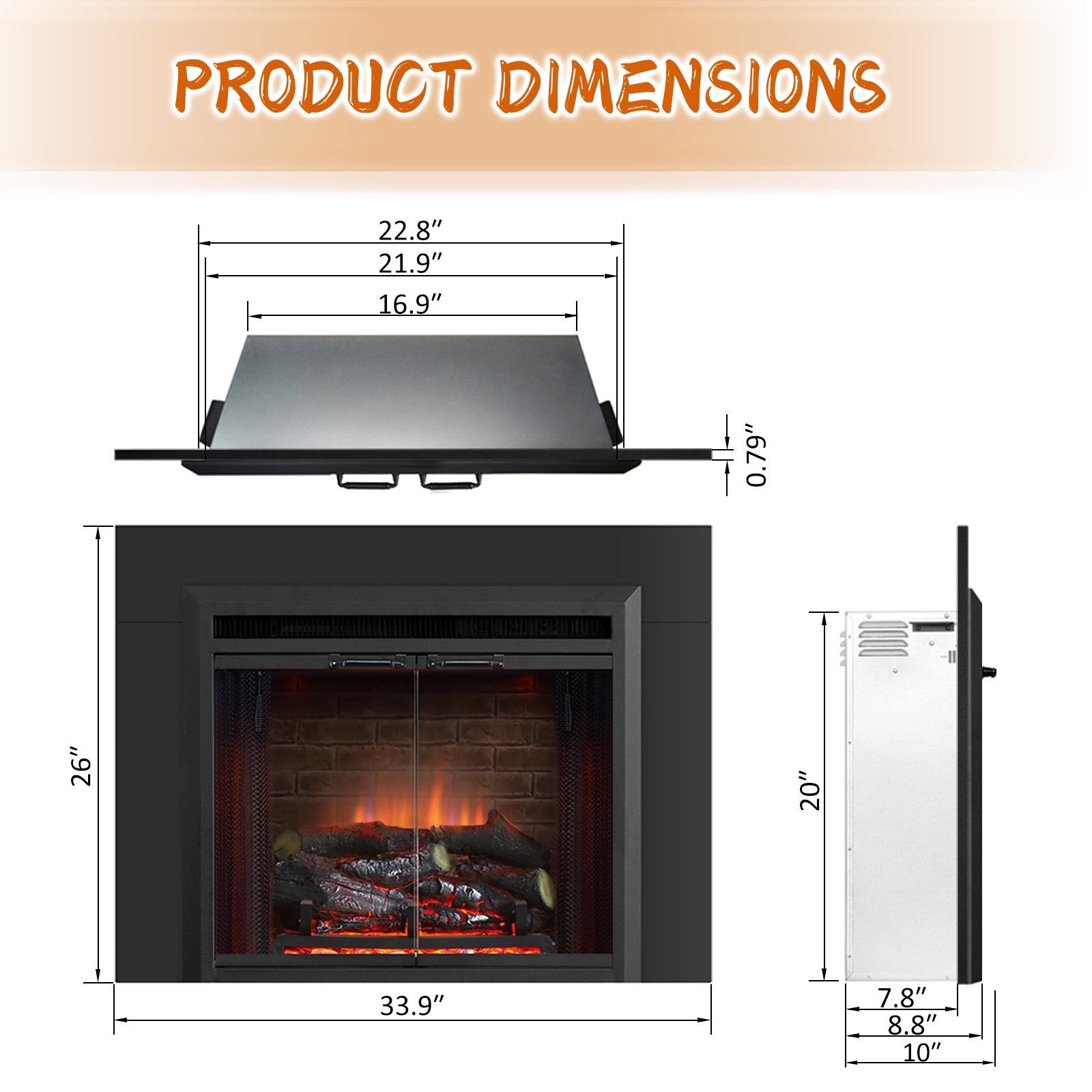 PuraFlame Klaus 23” Electric Fireplace Insert with Trim Kit, Fire Crackling Sound, Resin Log, Glass Door and Mesh Screen, 750/1500W heater, Black