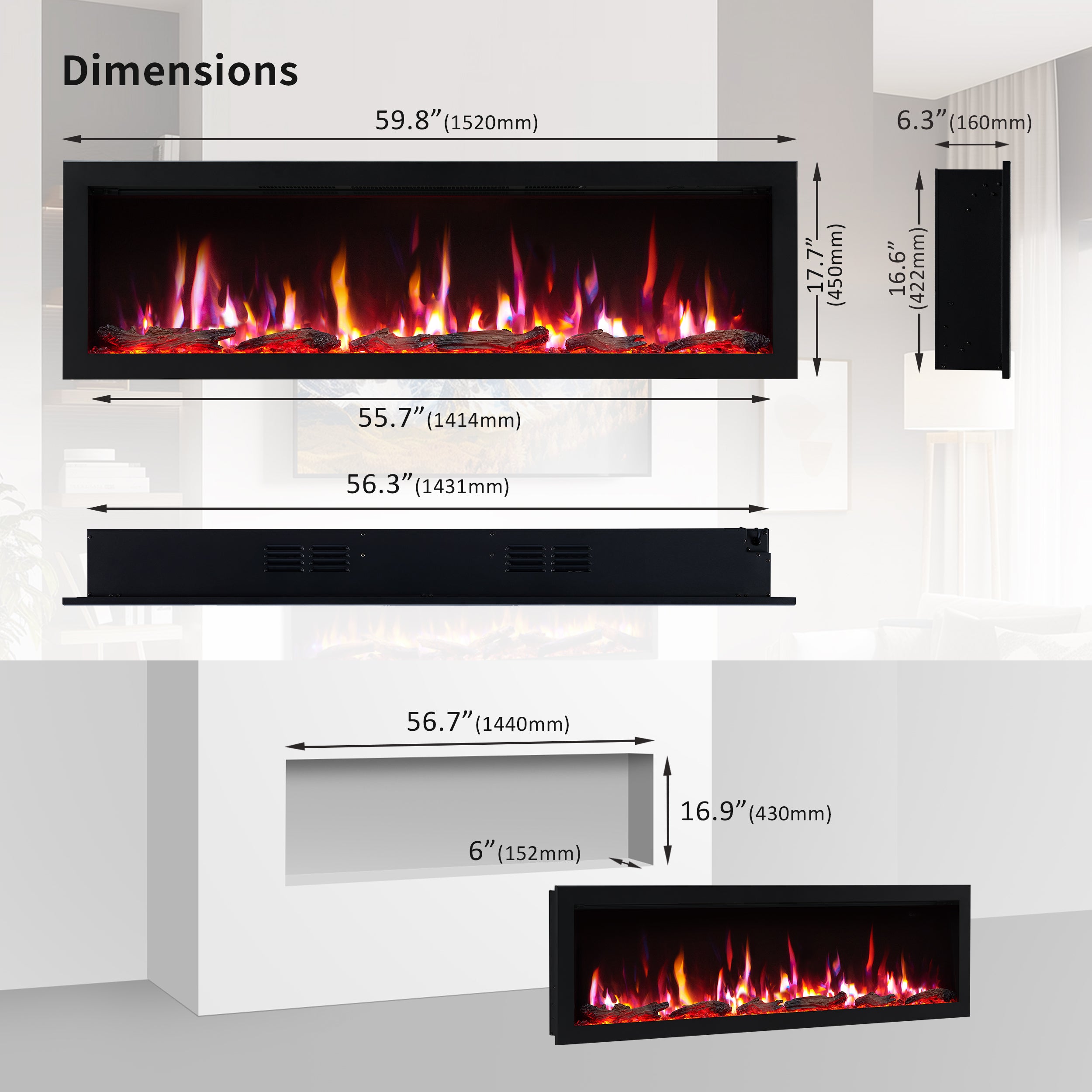 PuraFlame Bernice 42/50/60/72 Inch Smart Linear Electric Fireplace - Hidden Vent Design for Clean Look, Flame with 9 Colors, Recessed in-Wall or Wall-Mount or Free Standing, Compatible with Alexa and Google Assistant