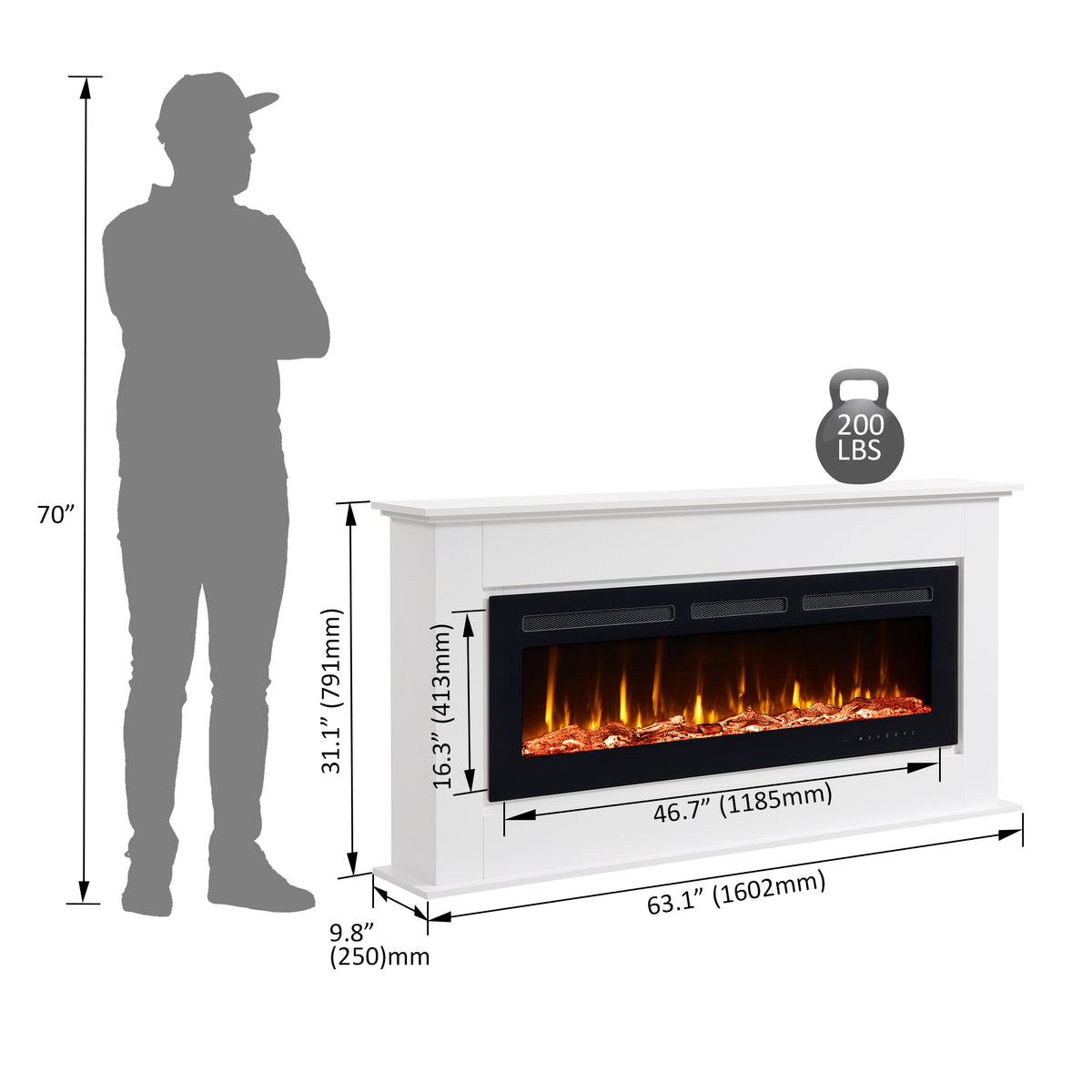 PuraFlame Henry 50” Electric Fireplace with 63” Mantel Surround | Realistic log, bright flame; Crystals included; 12 flame colors; Smart controlled; Child lock; White veneer; Clean design;