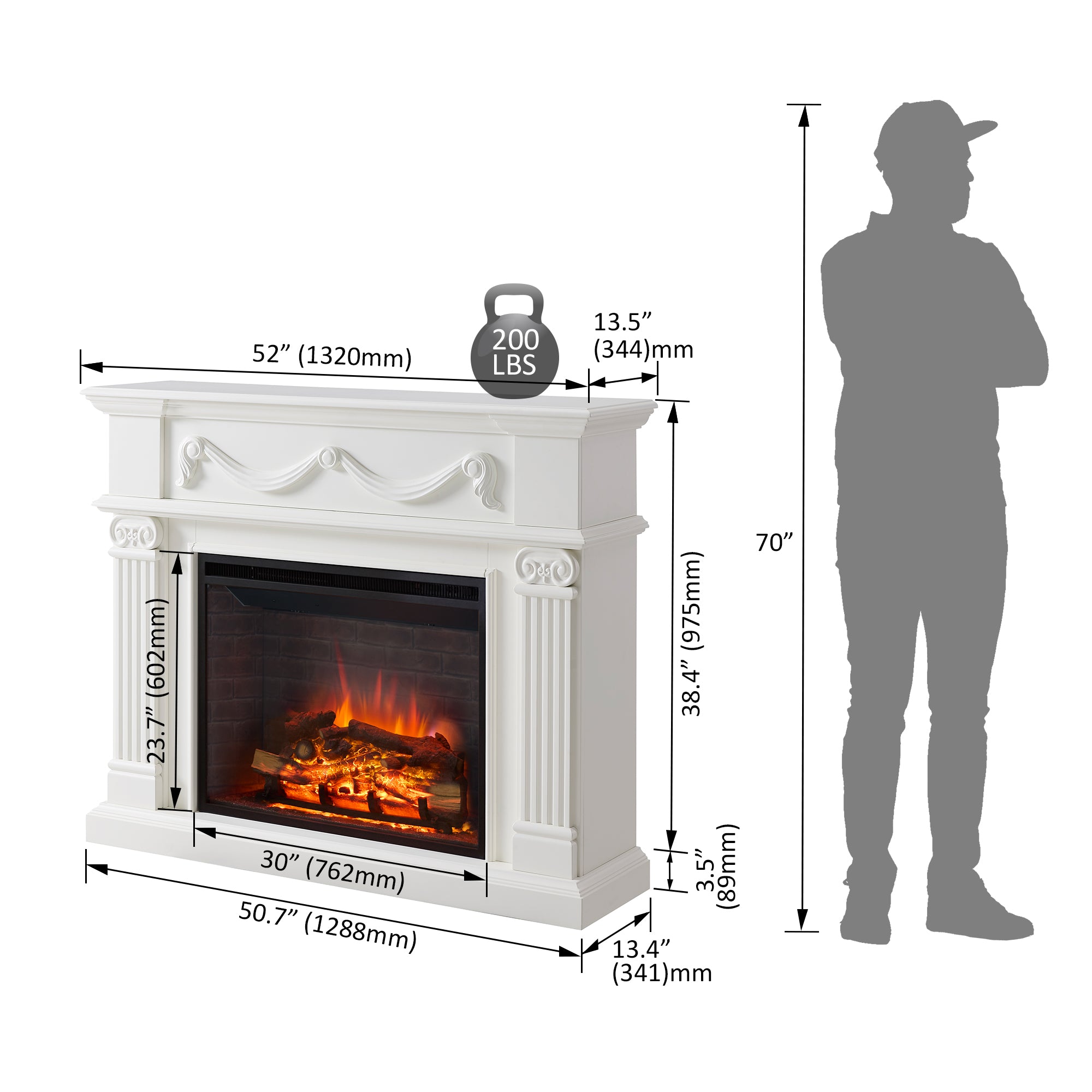 PuraFlame Fireplace Suite, 52 Inch Mantel Surround, Cream White with Exquisite Carving, with Western 30” Electric Fireplace Insert, 750W/1500W, Adjustable Flame, Remote