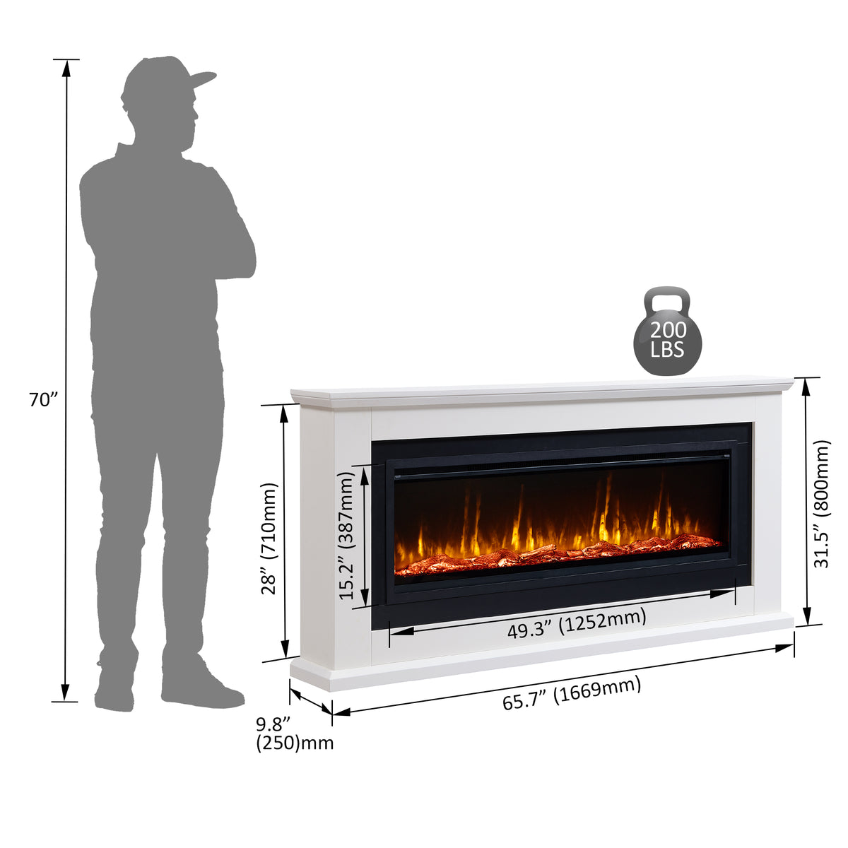 PuraFlame John 50” Electric Fireplace with 66” White Mantel Surround | Realistic log, bright flame; Crystals included; 12 colors of flame & fuel bed; Smart controlled; White paint; Clean design;