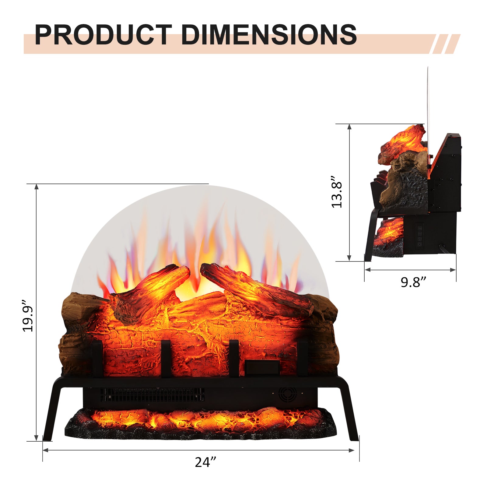 PuraFlame 24&27" Free Standing Electric Fireplace Log Set Insert, 750W/1500W Heater, 6 Flame Colors with 5 Brightness, Crackling Sound, Remote Control