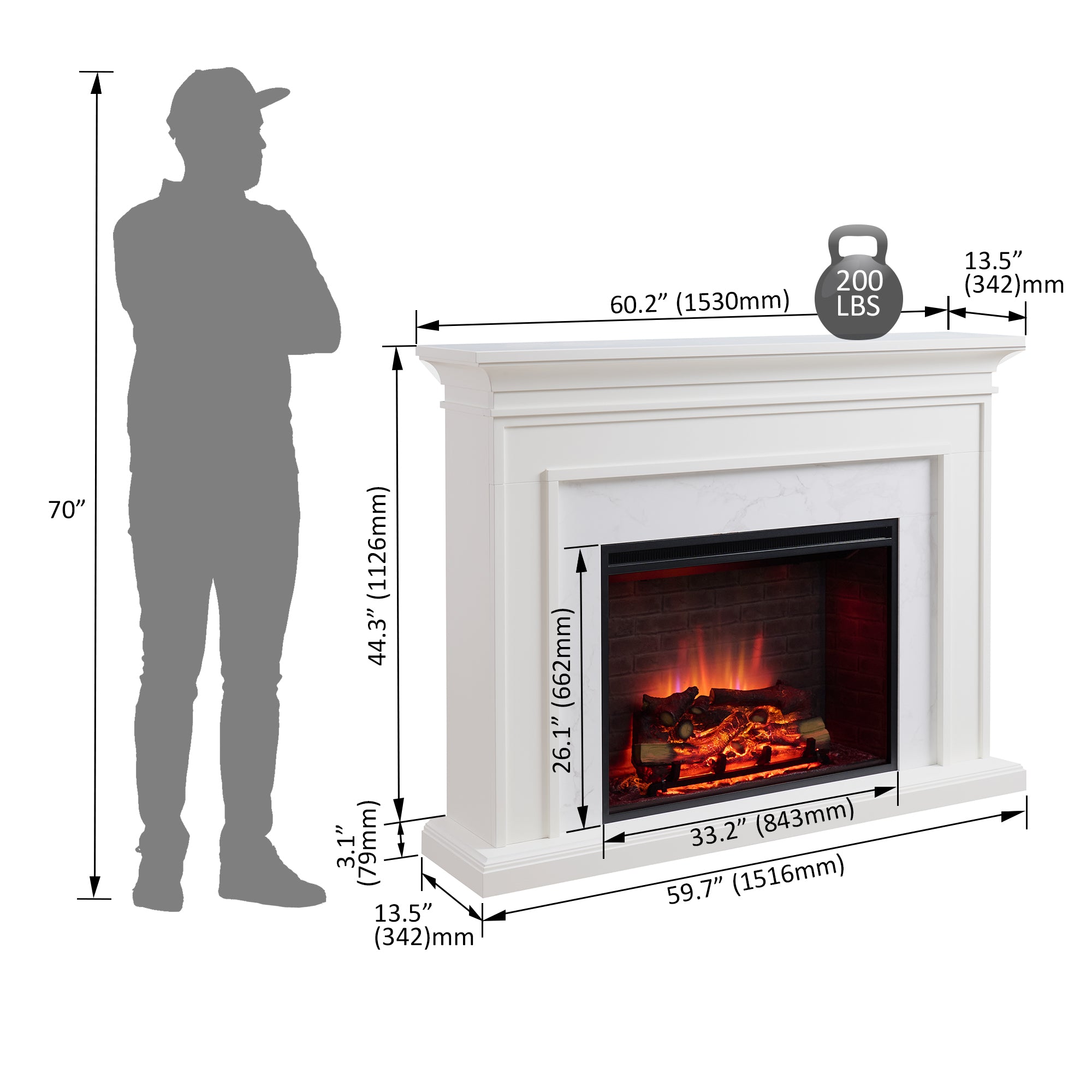 PuraFlame Fireplace Suite, 60 Inch Mantel Surround, Cream White with Light Grey Marble Veneer, with Western 33” Electric Fireplace Insert, 750W/1500W, Adjustable Flame, Remote