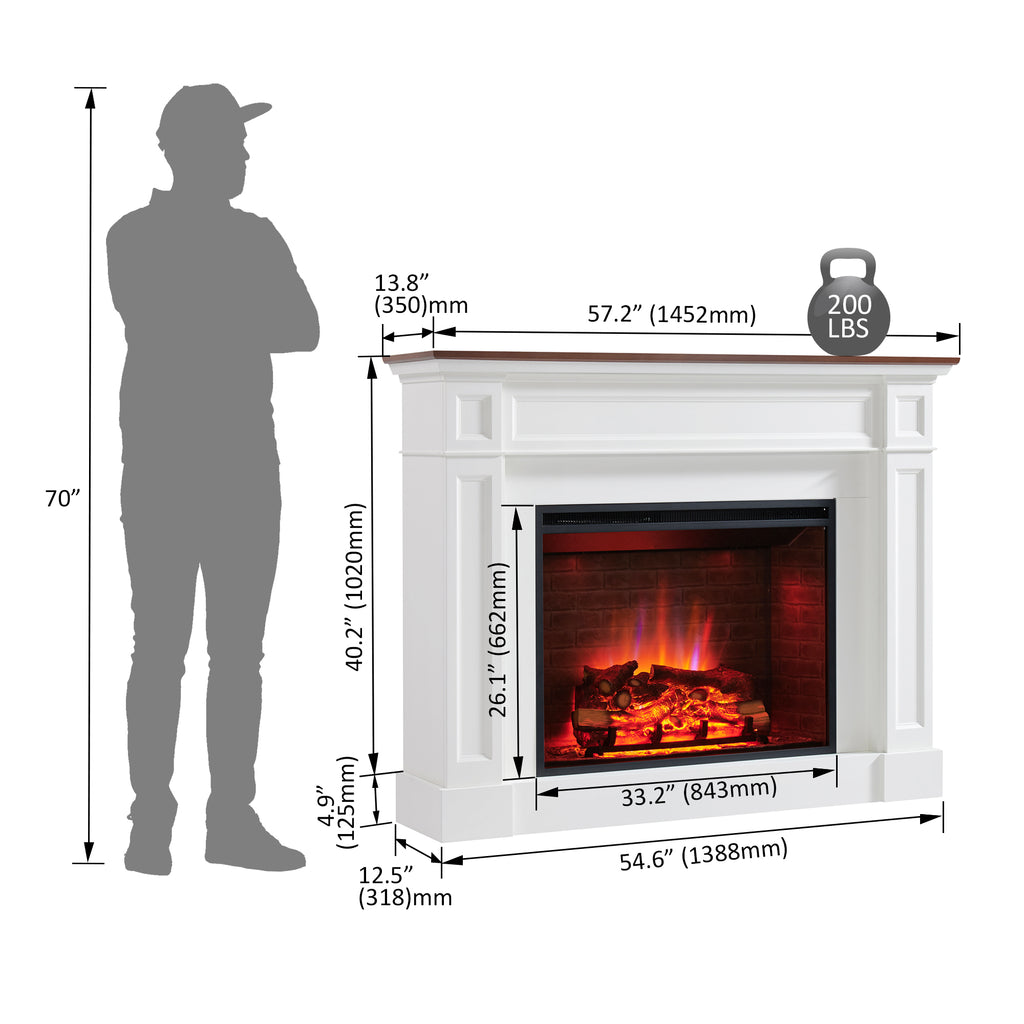 PuraFlame Fireplace Suite, 57 Inch Mantel Surround, Cream White with Dark Walnut-colored Veneer Top, with Western 33” Electric Fireplace Insert, 750W/1500W, Adjustable Flame, Remote