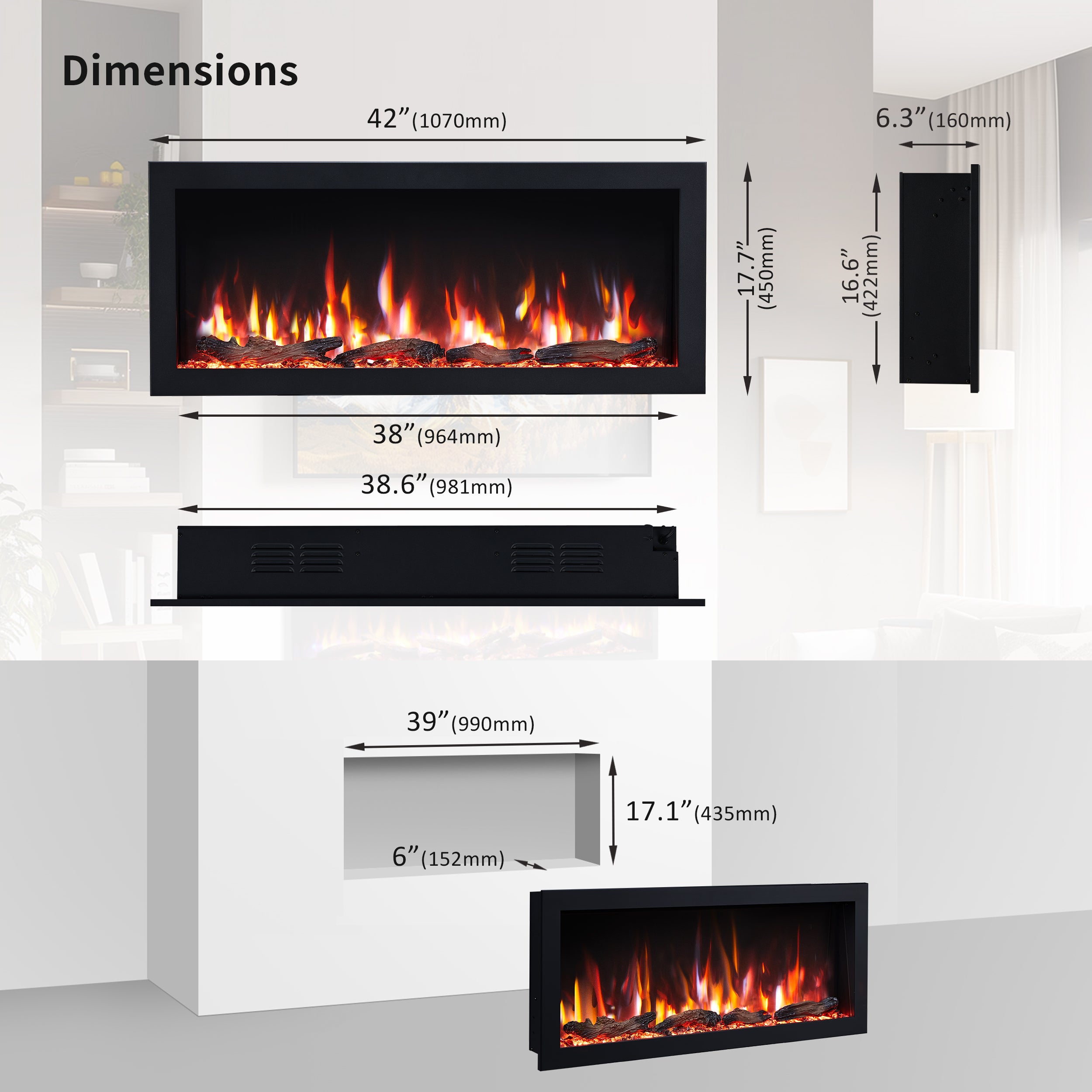PuraFlame Bernice 42/50/60/72 Inch Smart Linear Electric Fireplace - Hidden Vent Design for Clean Look, Flame with 9 Colors, Recessed in-Wall or Wall-Mount or Free Standing, Compatible with Alexa and Google Assistant