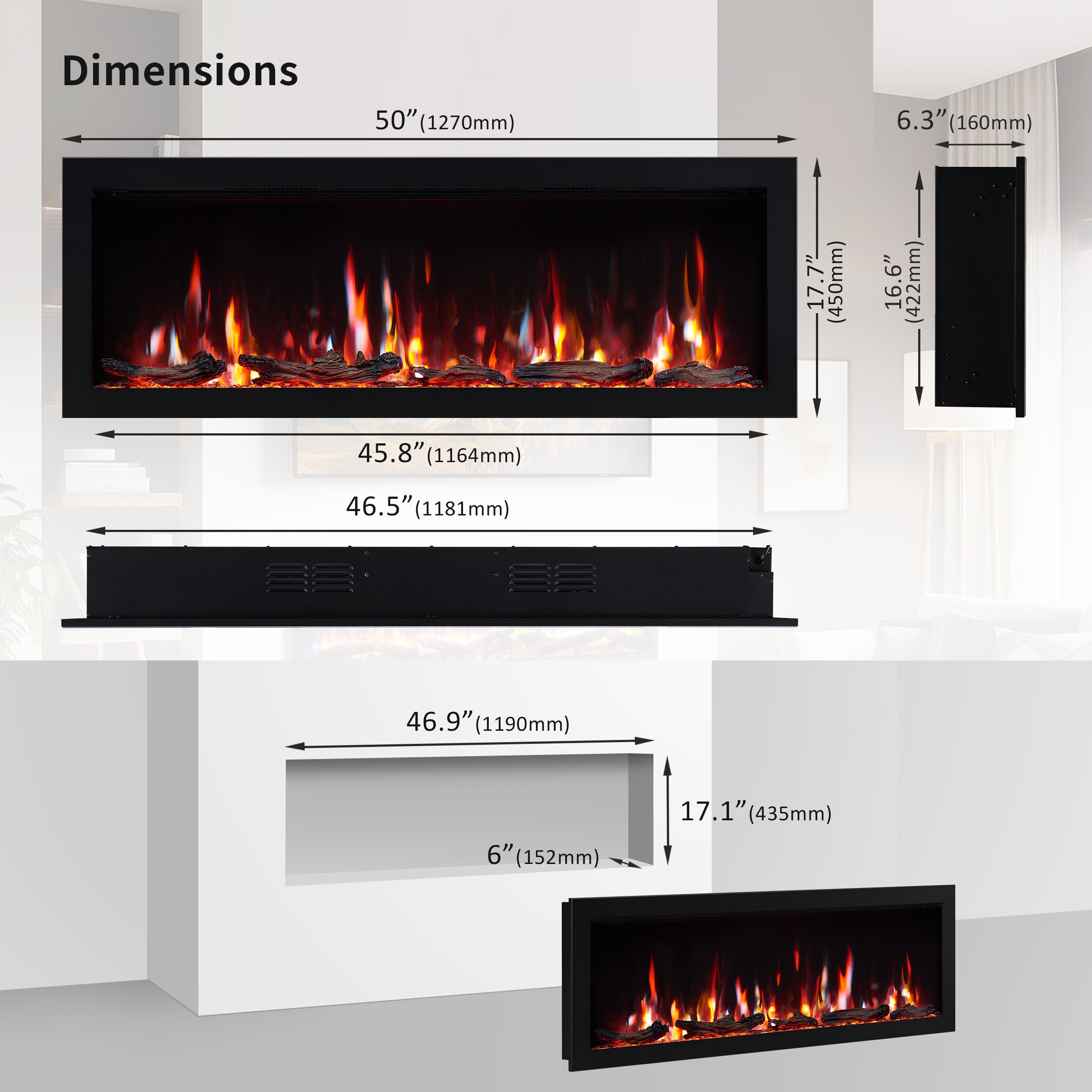 PuraFlame Bernice 42/50/60/72 Inch Smart Linear Electric Fireplace - Hidden Vent Design for Clean Look, Flame with 9 Colors, Recessed in-Wall or Wall-Mount or Free Standing, Compatible with Alexa and Google Assistant