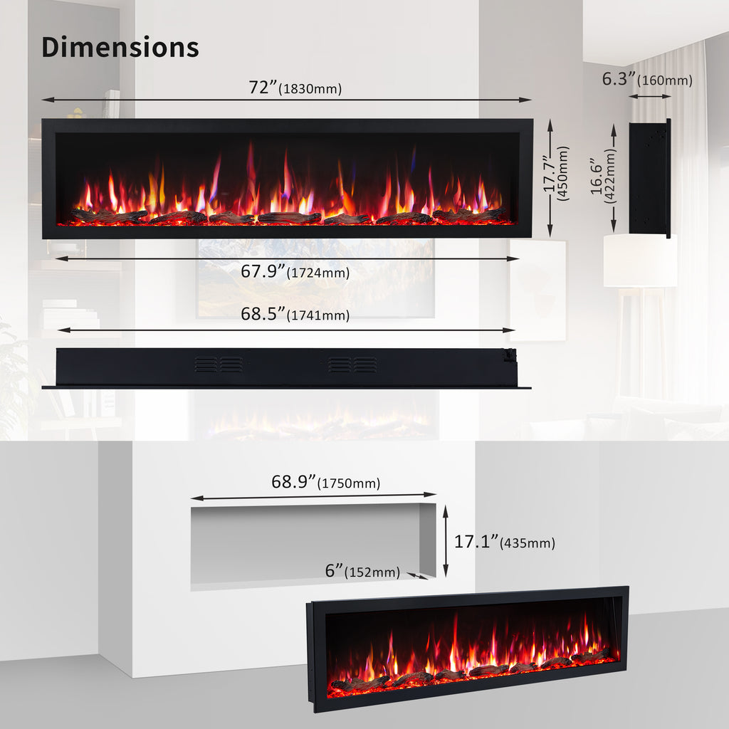 PuraFlame Bernice 42/50/60/72 Inch Smart Linear Electric Fireplace - Hidden Vent Design for Clean Look, Flame with 9 Colors, Recessed in-Wall or Wall-Mount or Free Standing, Compatible with Alexa and Google Assistant