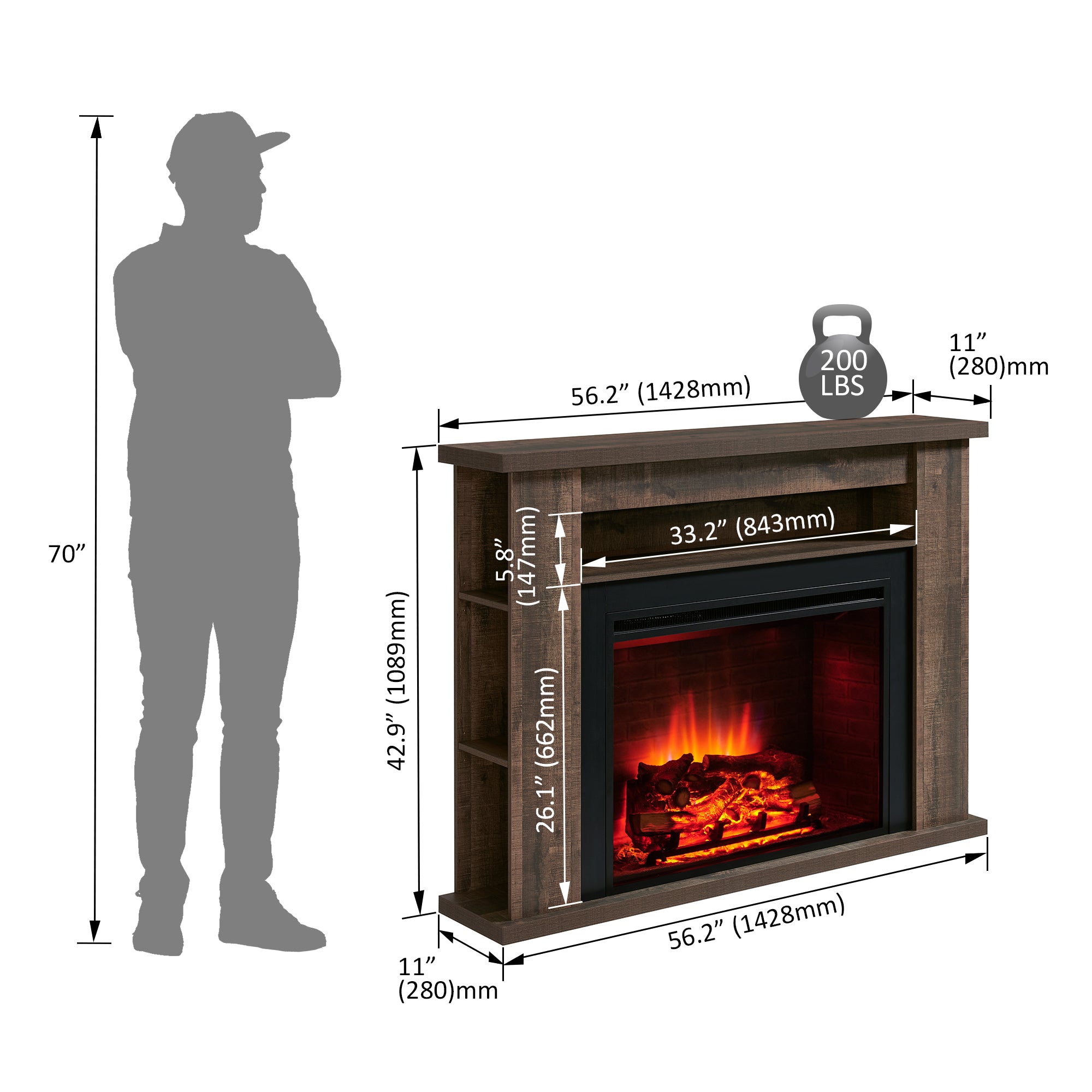 PuraFlame Fireplace Suite, 56 Inch Mantel Surround, Rustic Dark Oak Veneer, with Western 33” Electric Fireplace Insert, 750W/1500W, Adjustable Flame, Remote