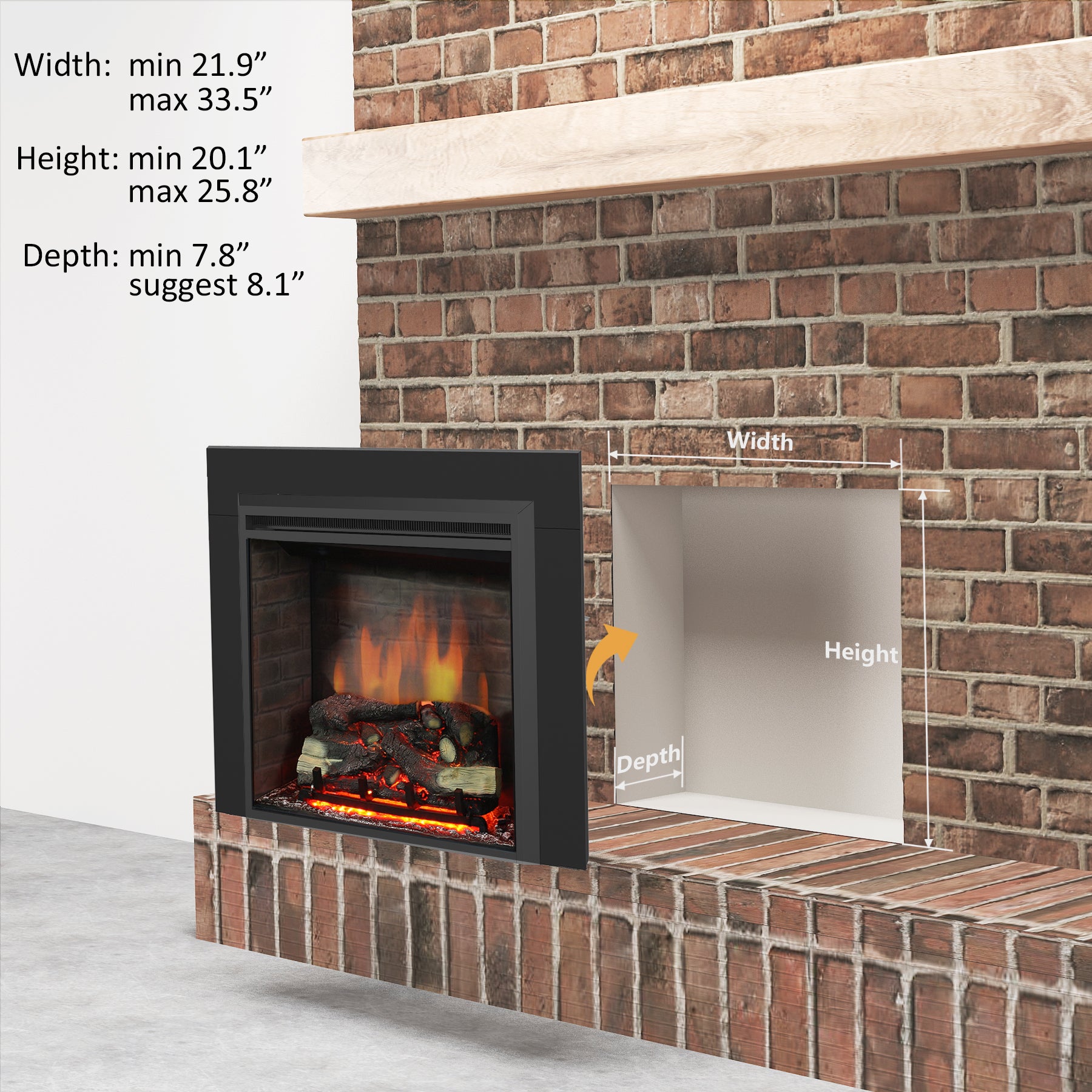 PuraFlame Western 23” Electric Fireplace Insert with Trim Kit, Fire Crackling Sound, Resin Log, Remote Control, 750/1500W Heater, Black