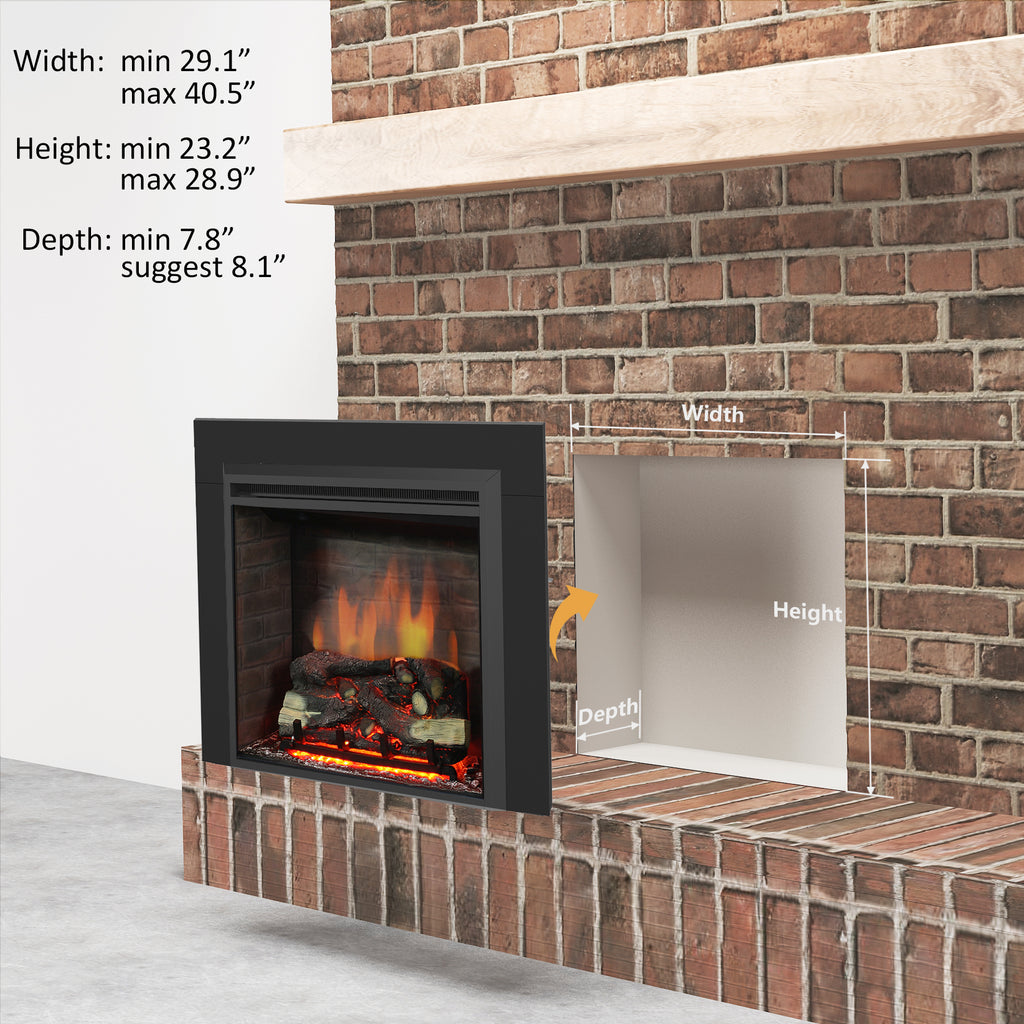 PuraFlame Western 30” Electric Fireplace Insert with Trim Kit, Fire Crackling Sound, Resin Log, Remote Control, 750/1500W Heater, Black