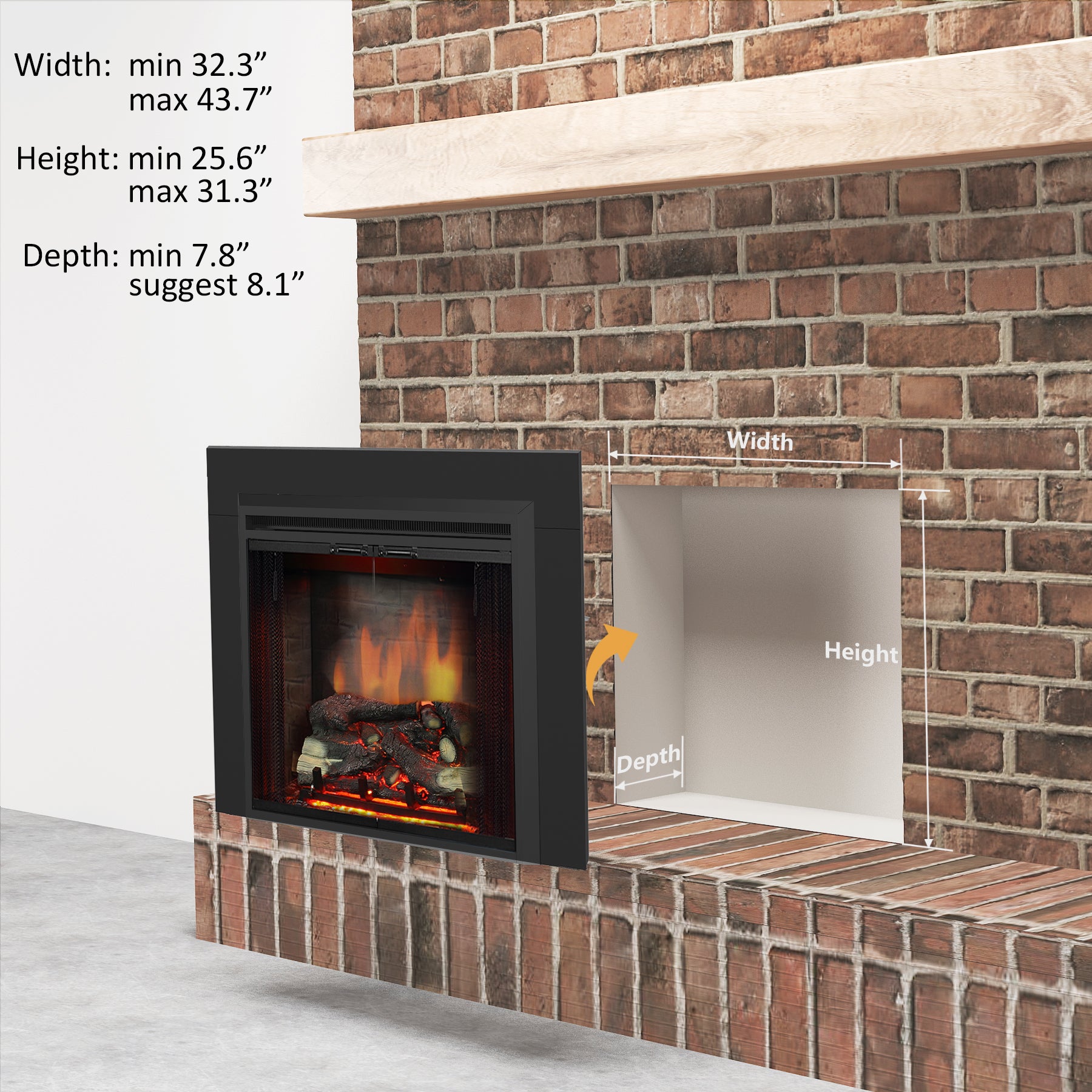 PuraFlame Klaus 33” Electric Fireplace Insert with Trim Kit, Fire Crackling Sound, Resin Log, Glass Door and Mesh Screen, 750/1500W heater, Black
