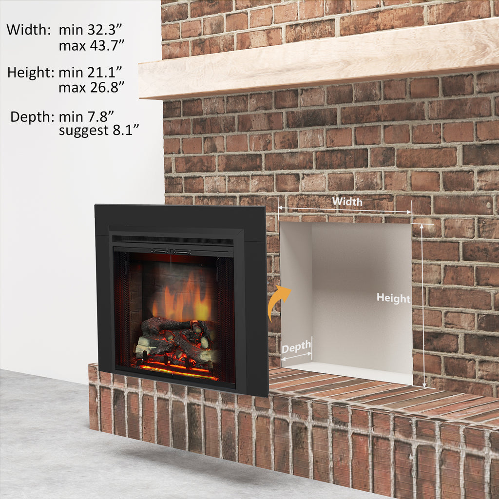 PuraFlame Klaus 33” x 21” Electric Fireplace Insert with Trim Kit, Fire Crackling Sound, Resin Log, Glass Door and Mesh Screen, 750/1500W heater, Black
