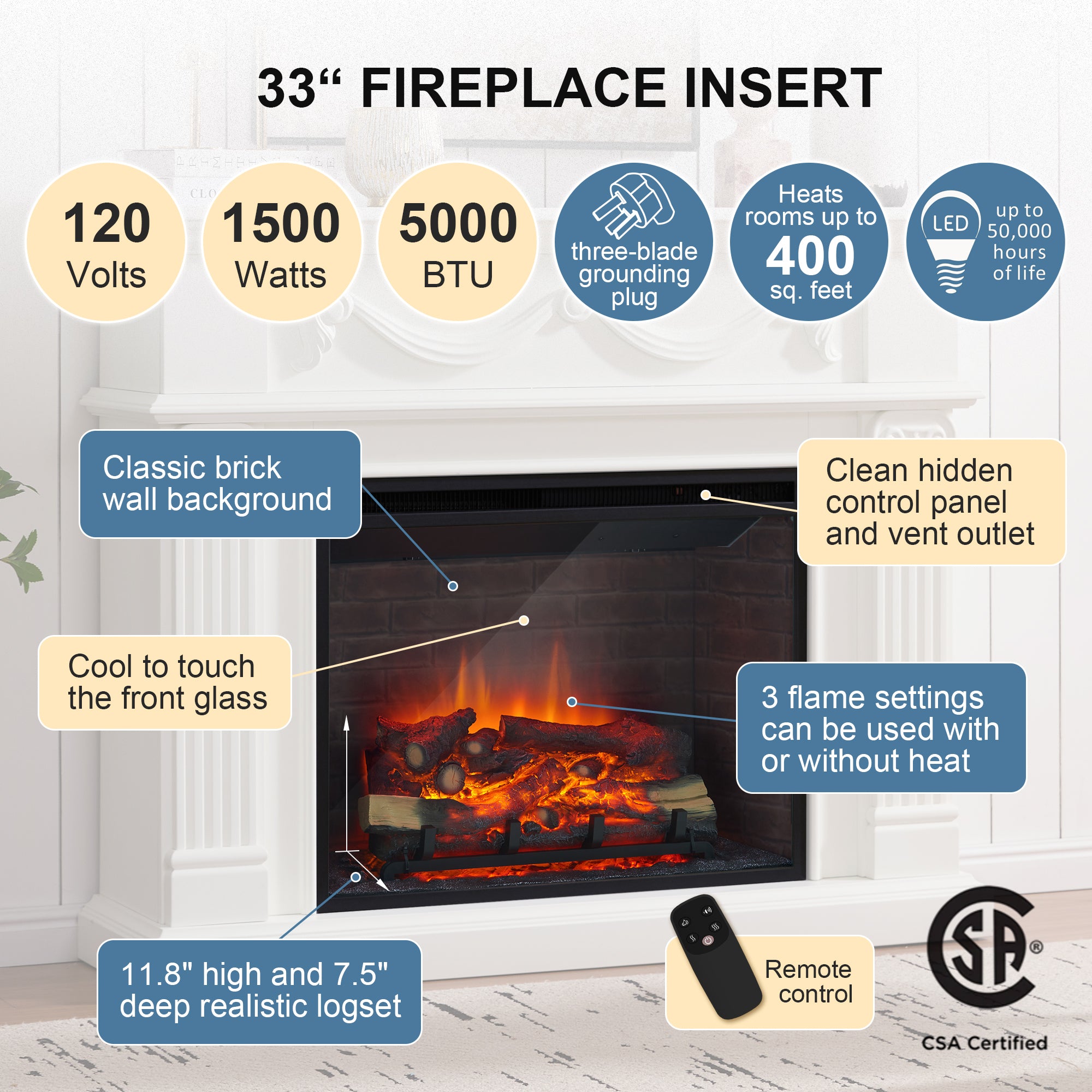 PuraFlame Fireplace Suite, 52 Inch Mantel Surround, Cream White with Exquisite Carving, with Western 30” Electric Fireplace Insert, 750W/1500W, Adjustable Flame, Remote