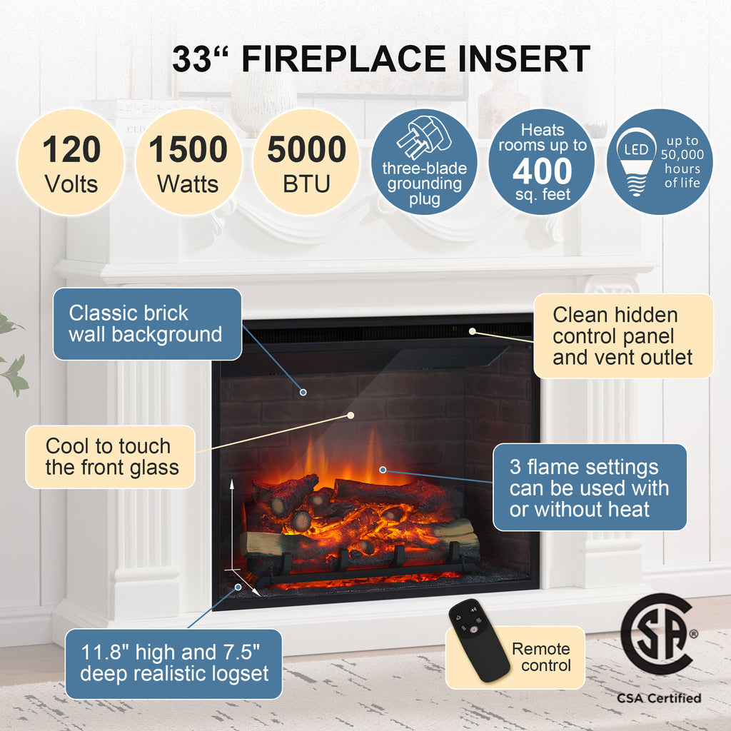 PuraFlame Fireplace Suite, 57 Inch Mantel Surround, Cream White with Exquisite Carving, with Western 30” Electric Fireplace Insert, 750W/1500W, Adjustable Flame, Remote