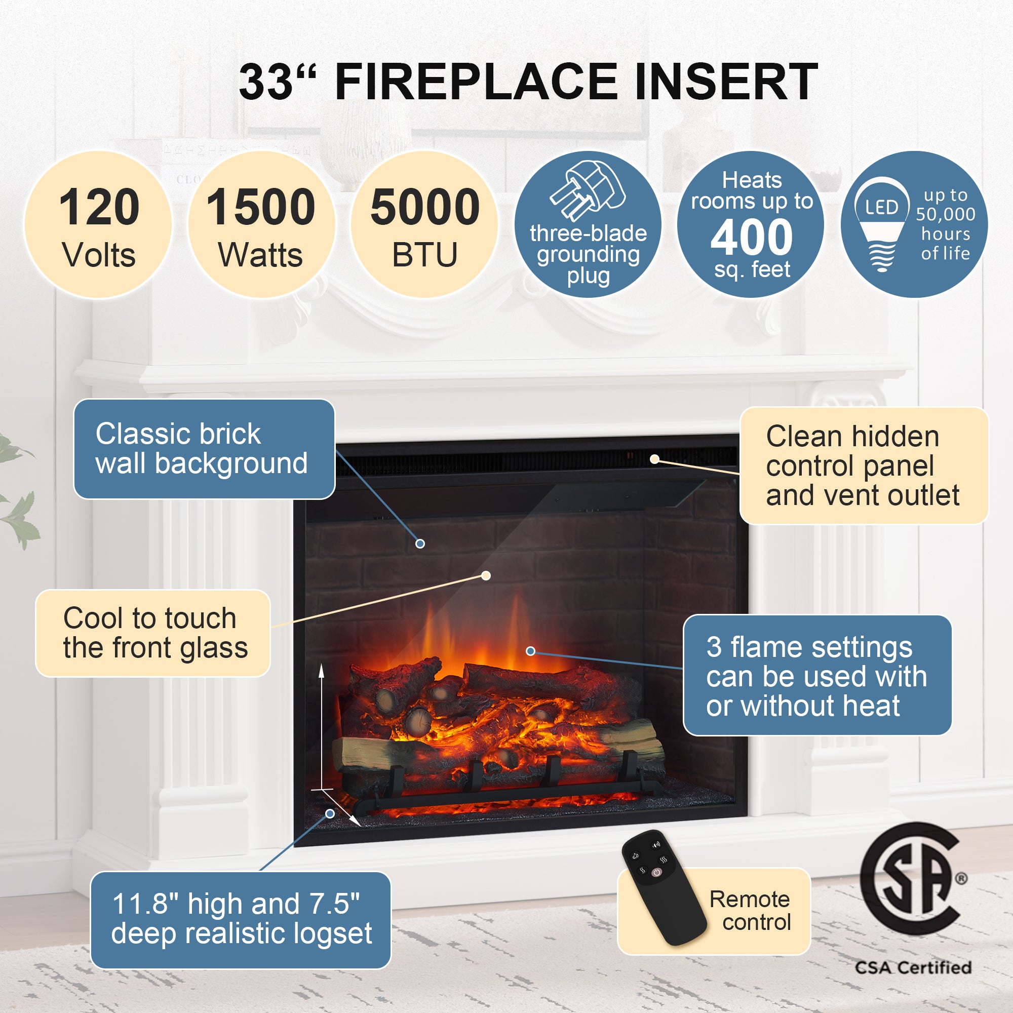 PuraFlame Fireplace Suite, 56 Inch Mantel Surround, Rustic Dark Oak Veneer, with Western 33” Electric Fireplace Insert, 750W/1500W, Adjustable Flame, Remote