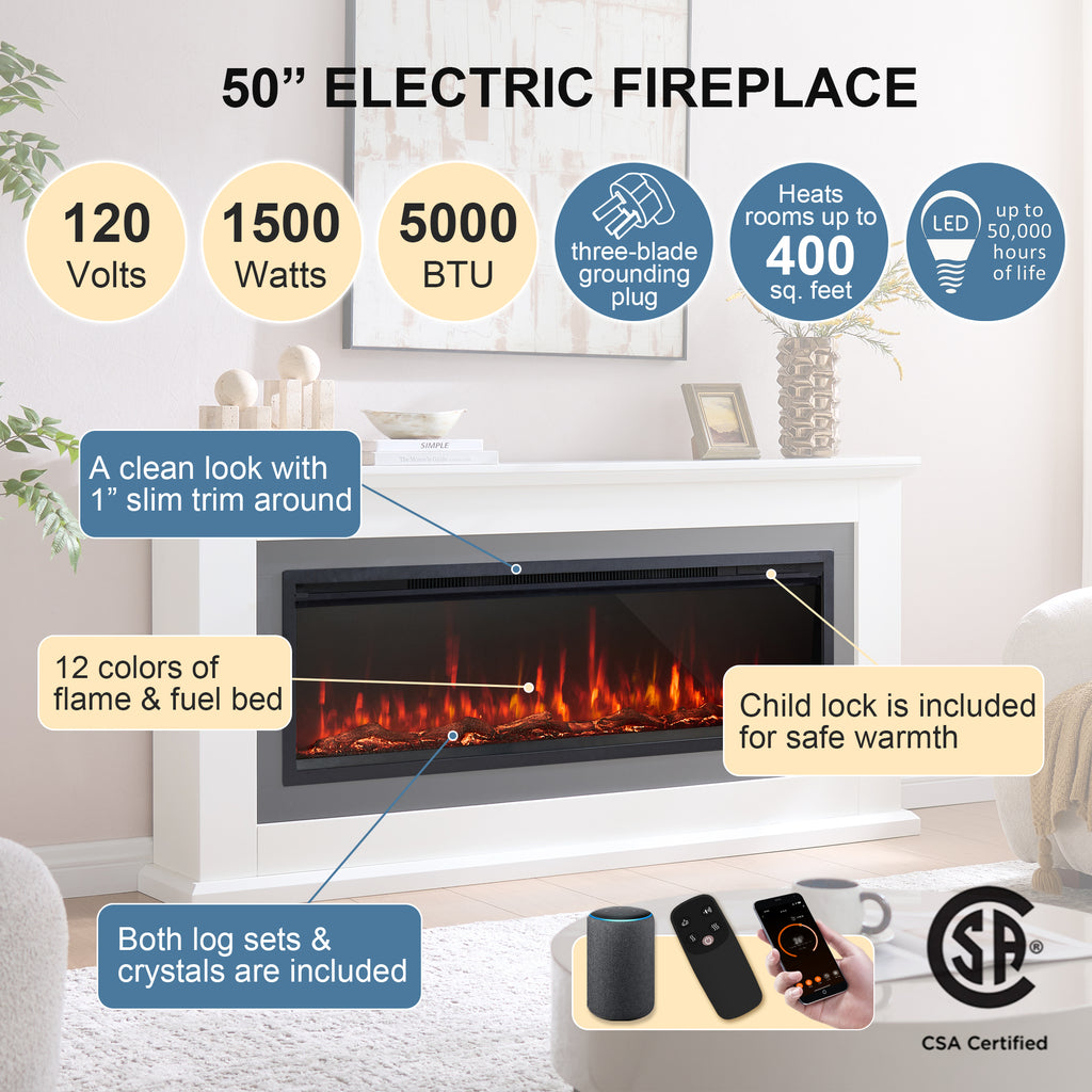 PuraFlame John 50” Electric Fireplace with 66” White Mantel Surround | Realistic log, bright flame; Crystals included; 12 colors of flame & fuel bed; Smart controlled; White paint; Clean design;
