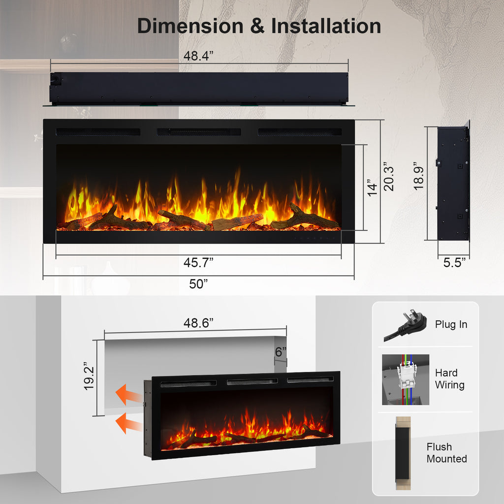 PuraFlame Alice Pro 50/60 Inches, Wall Mounted / In Wall Recessed Electric Fireplace, 6 Flame Colors, Log Set & Crystal, 1500W Heater, Compatible with Alexa and Google Assistant