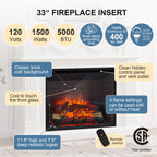 PuraFlame Fireplace Suite, 57 Inch Mantel Surround, Cream White with Dark Walnut-colored Veneer Top, with Western 33” Electric Fireplace Insert, 750W/1500W, Adjustable Flame, Remote