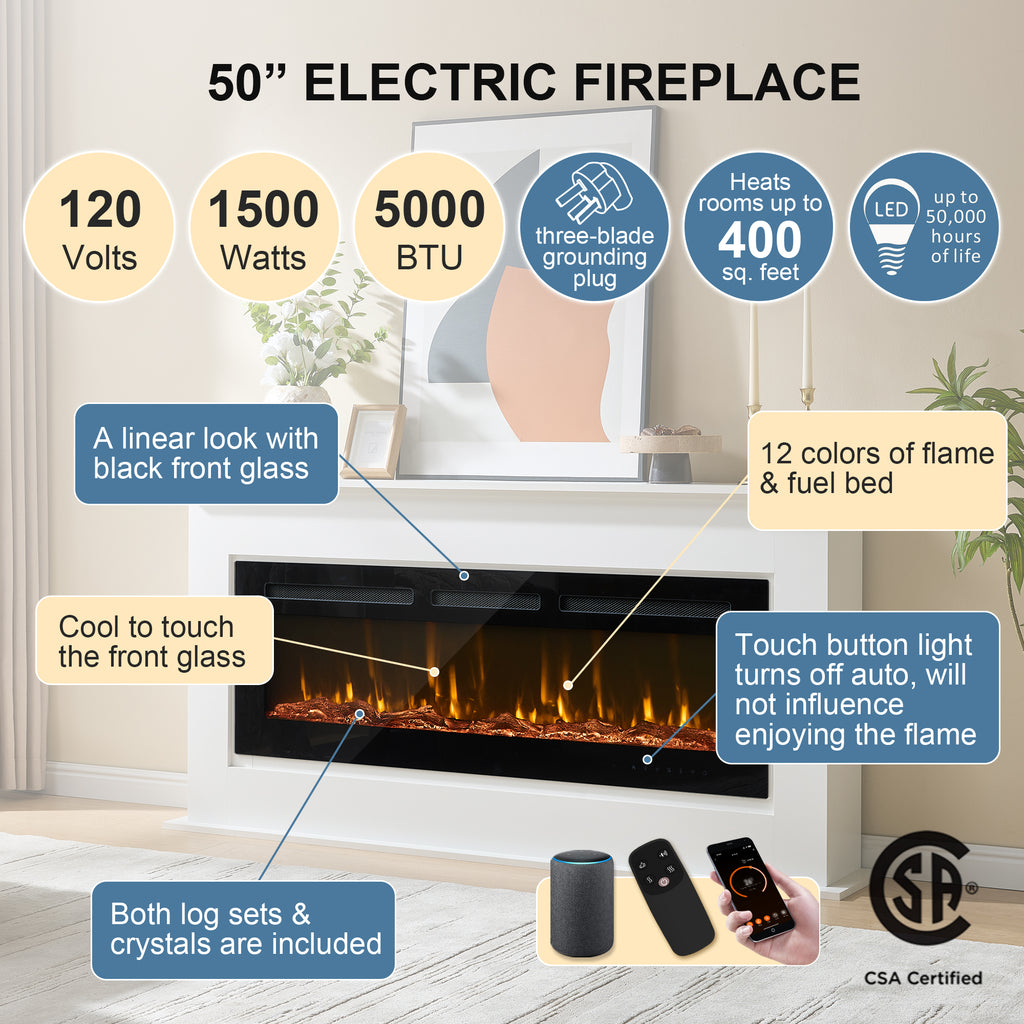 PuraFlame Henry 50” Electric Fireplace with 63” Mantel Surround | Realistic log, bright flame; Crystals included; 12 flame colors; Smart controlled; Child lock; White veneer; Clean design;