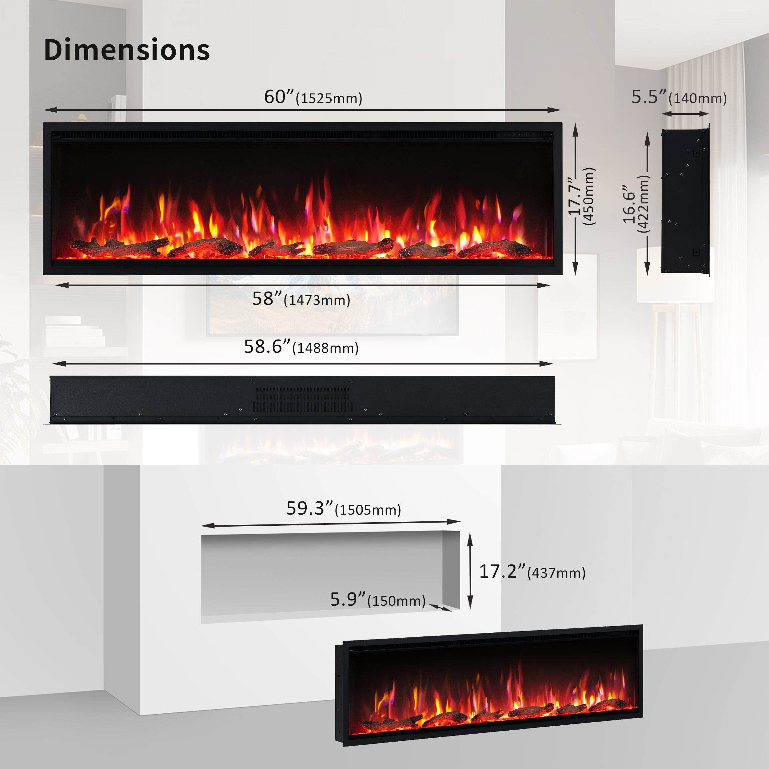PuraFlame Herman 36/42/50/60/72 Inch Smart Linear Electric Fireplace - Premium Flame with 9 Colors, Clean Design, Recessed in-Wall or Wall-Mount or Free Standing, Compatible with Alexa and Google Assistant