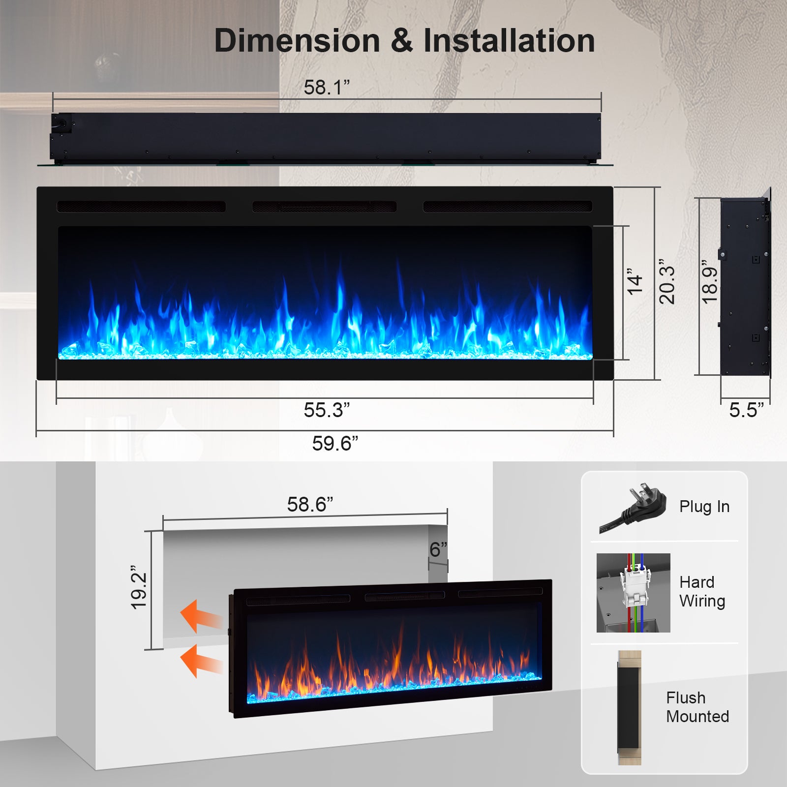 PuraFlame Alice Pro 50/60 Inches, Wall Mounted / In Wall Recessed Electric Fireplace, 6 Flame Colors, Log Set & Crystal, 1500W Heater, Compatible with Alexa and Google Assistant