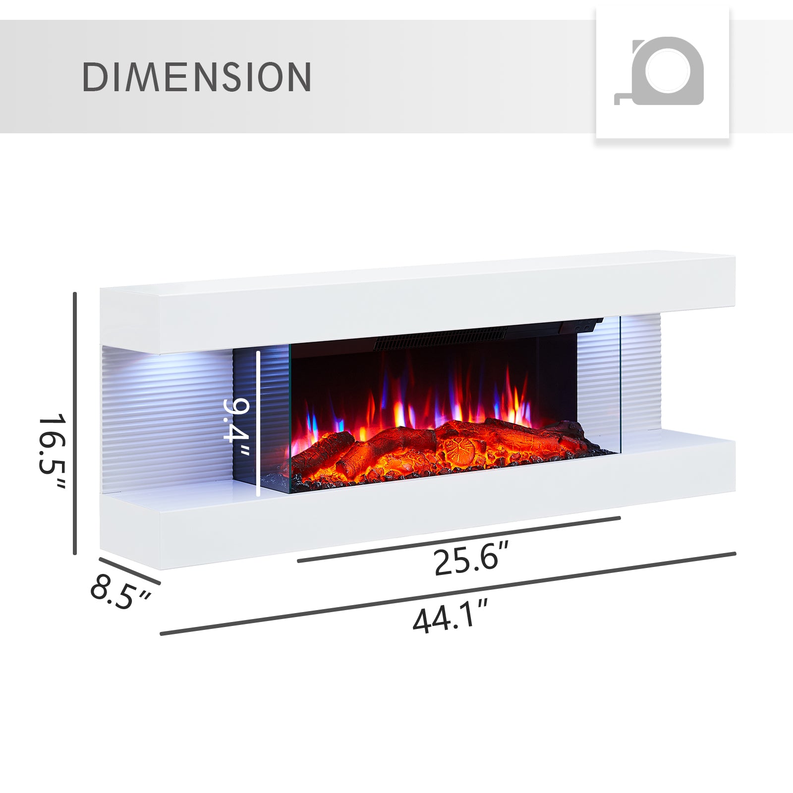 PuraFlame ALSA 44 Inch Wall Mounted Electric Fireplace All-in-One with Multi Ambient Light Colors, Remote, 1500W Heater, White