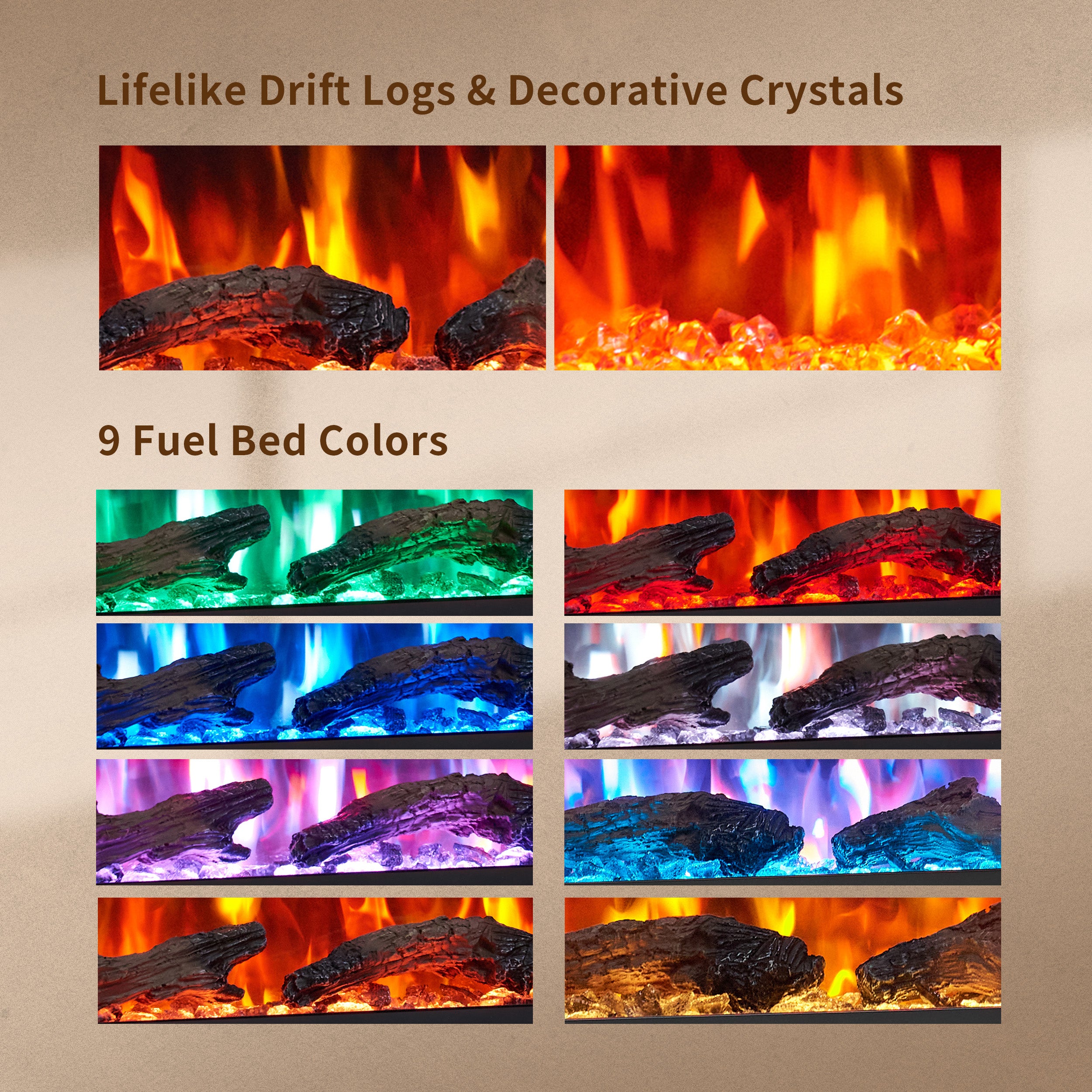PuraFlame Bernice 42/50/60/72 Inch Smart Linear Electric Fireplace - Hidden Vent Design for Clean Look, Flame with 9 Colors, Recessed in-Wall or Wall-Mount or Free Standing, Compatible with Alexa and Google Assistant