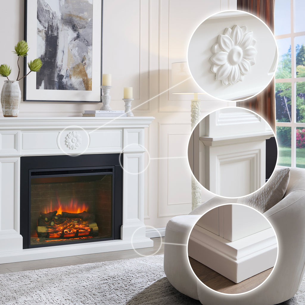 PuraFlame Fireplace Suite, 57 Inch Mantel Surround, Cream White with Exquisite Carving, with Western 30” Electric Fireplace Insert, 750W/1500W, Adjustable Flame, Remote