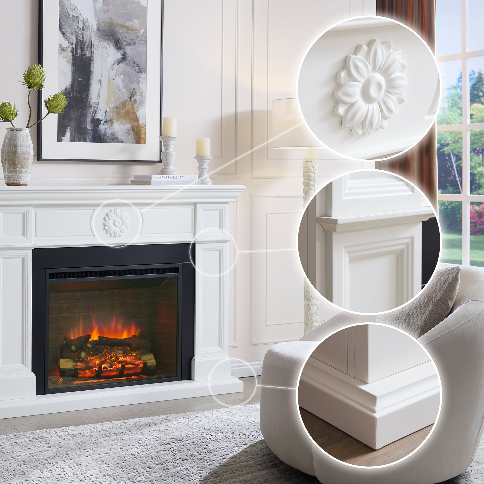 PuraFlame Fireplace Suite, 57 Inch Mantel Surround, Cream White with Exquisite Carving, with Western 30” Electric Fireplace Insert, 750W/1500W, Adjustable Flame, Remote