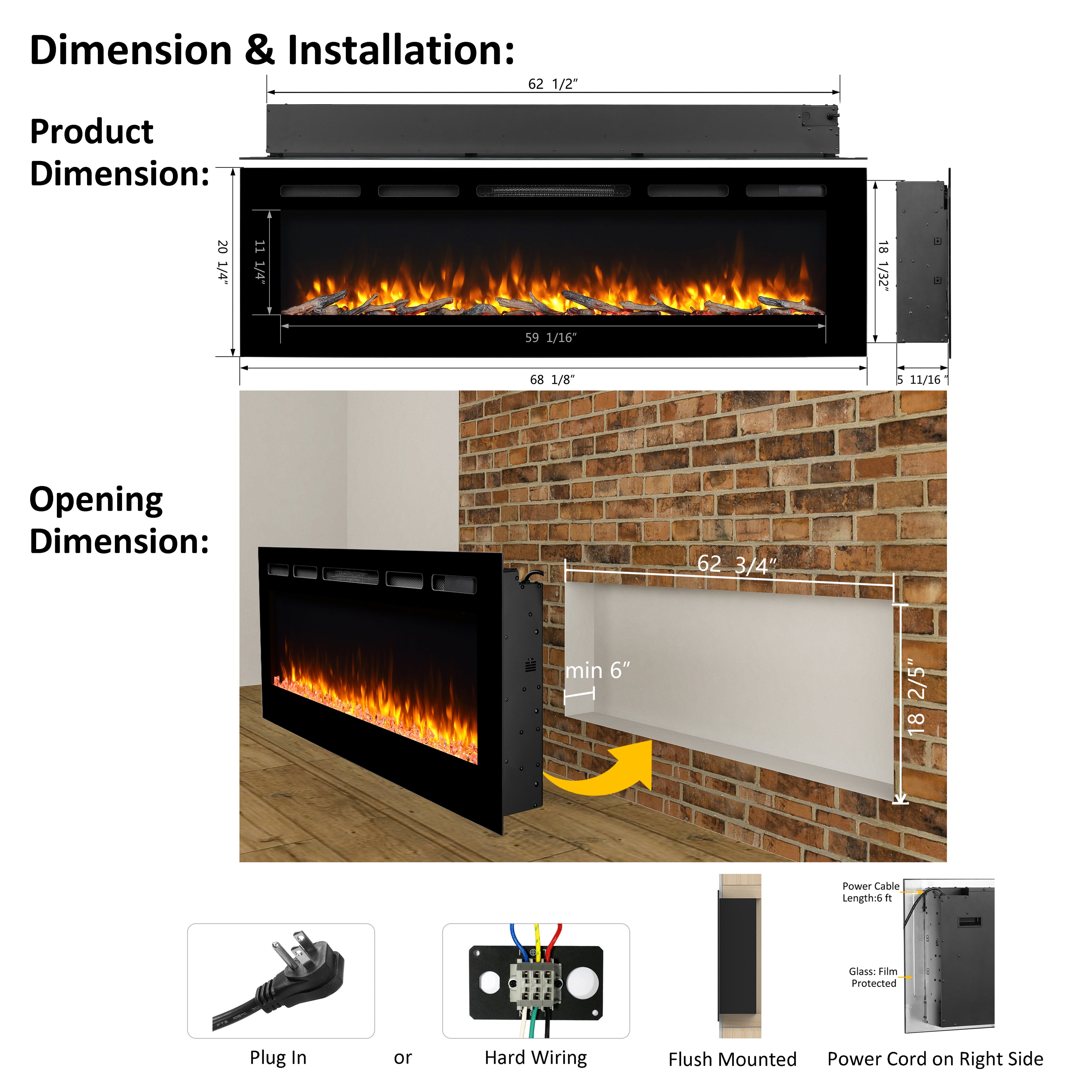 PuraFlame Alice 40&68 Inches Recessed Electric Fireplace, Flush Mounted for 2 X 6 Stud, Log Set & Crystal, 1500W Heater, Black