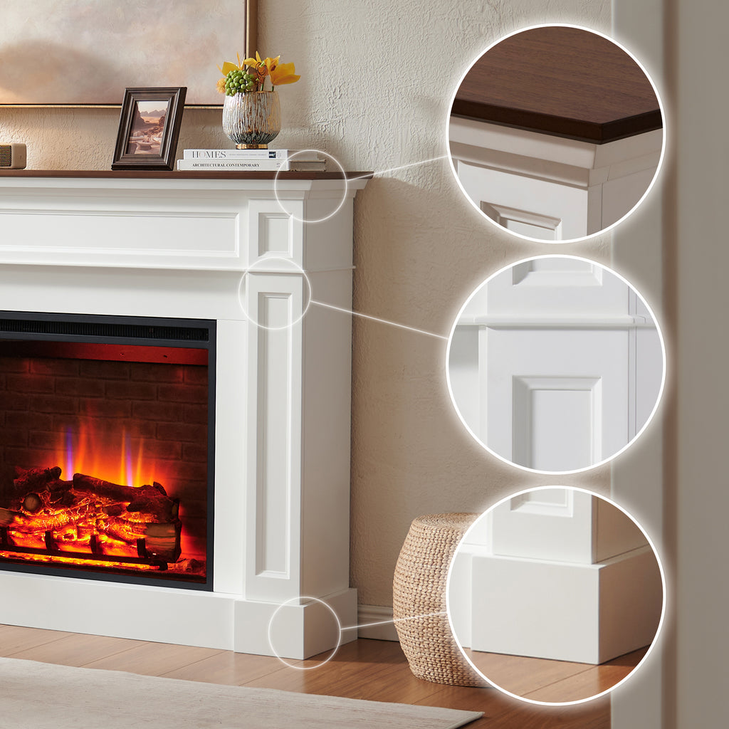PuraFlame Fireplace Suite, 57 Inch Mantel Surround, Cream White with Dark Walnut-colored Veneer Top, with Western 33” Electric Fireplace Insert, 750W/1500W, Adjustable Flame, Remote