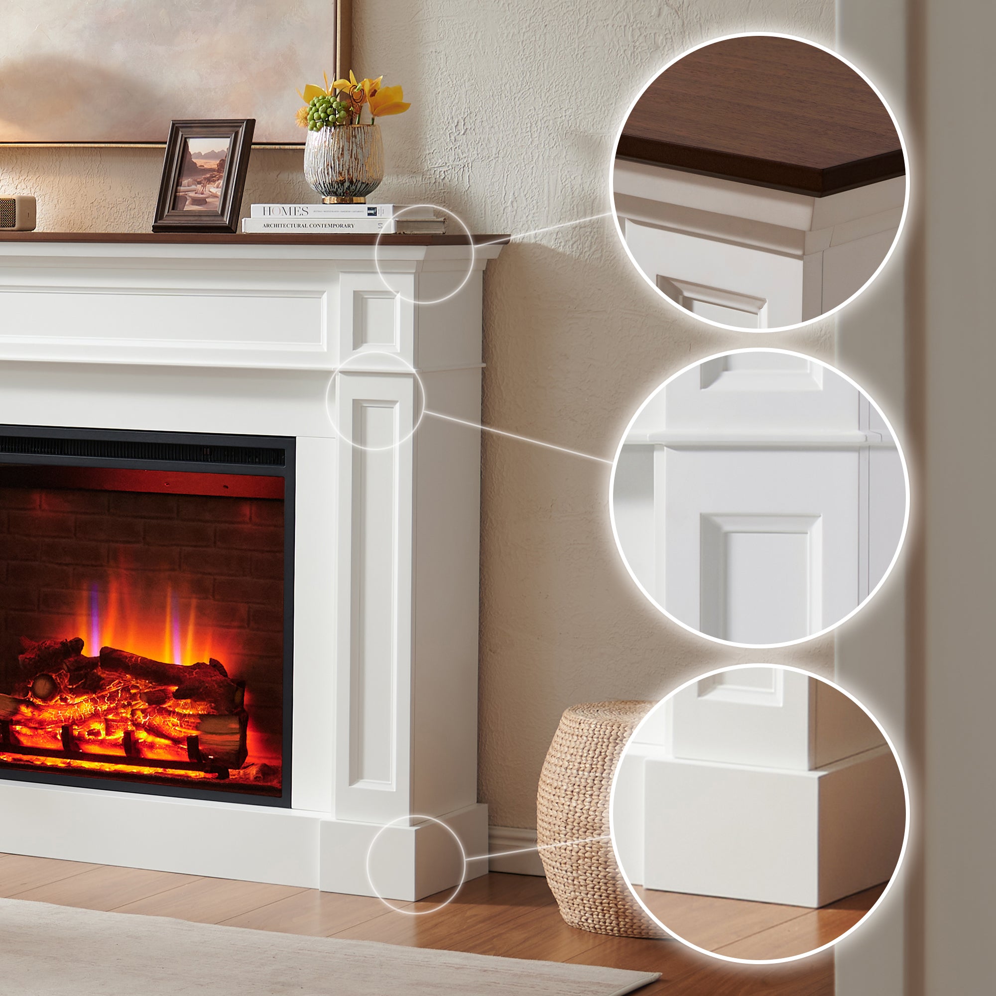 PuraFlame Fireplace Suite, 57 Inch Mantel Surround, Cream White with Dark Walnut-colored Veneer Top, with Western 33” Electric Fireplace Insert, 750W/1500W, Adjustable Flame, Remote