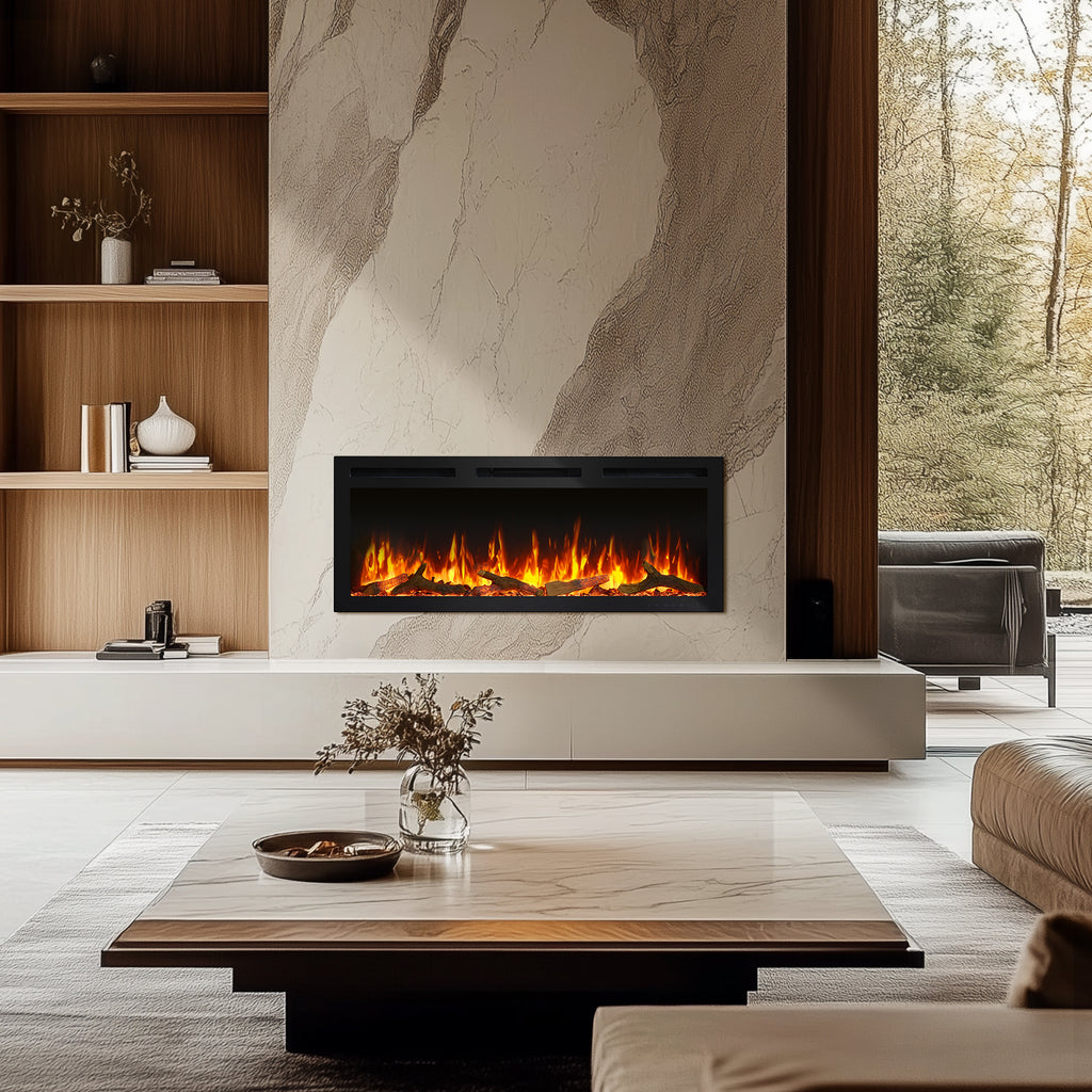 PuraFlame Alice Pro 50/60 Inches, Wall Mounted / In Wall Recessed Electric Fireplace, 6 Flame Colors, Log Set & Crystal, 1500W Heater, Compatible with Alexa and Google Assistant