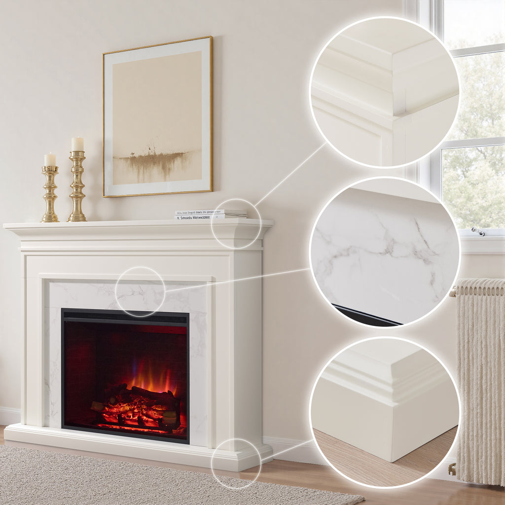 PuraFlame Fireplace Suite, 60 Inch Mantel Surround, Cream White with Light Grey Marble Veneer, with Western 33” Electric Fireplace Insert, 750W/1500W, Adjustable Flame, Remote
