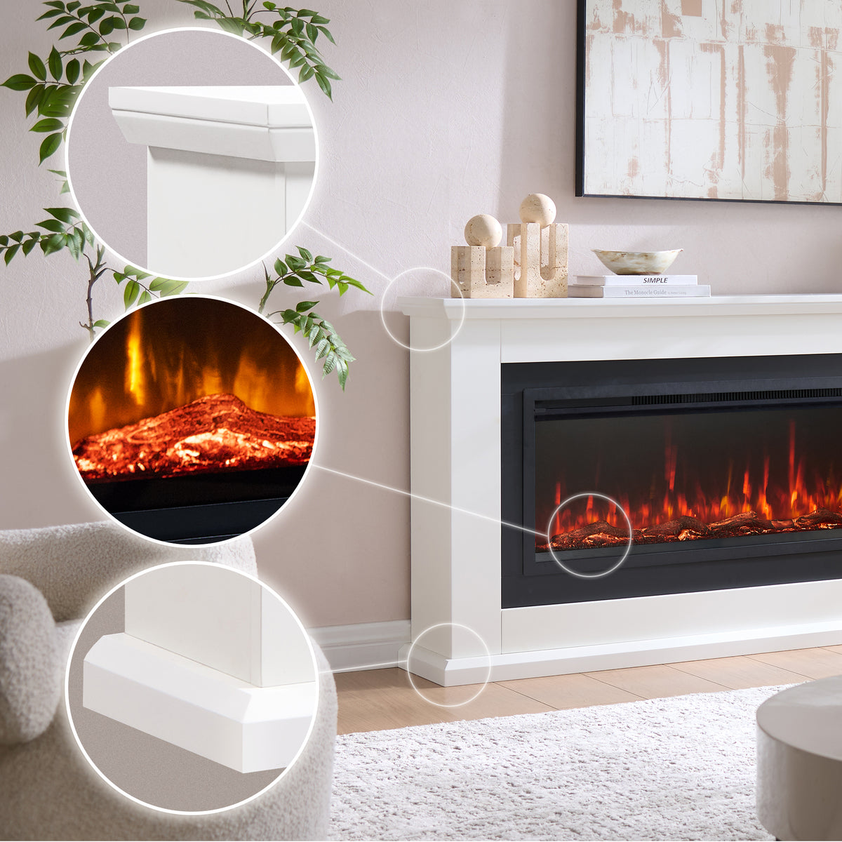 PuraFlame John 50” Electric Fireplace with 66” White Mantel Surround | Realistic log, bright flame; Crystals included; 12 colors of flame & fuel bed; Smart controlled; White paint; Clean design;