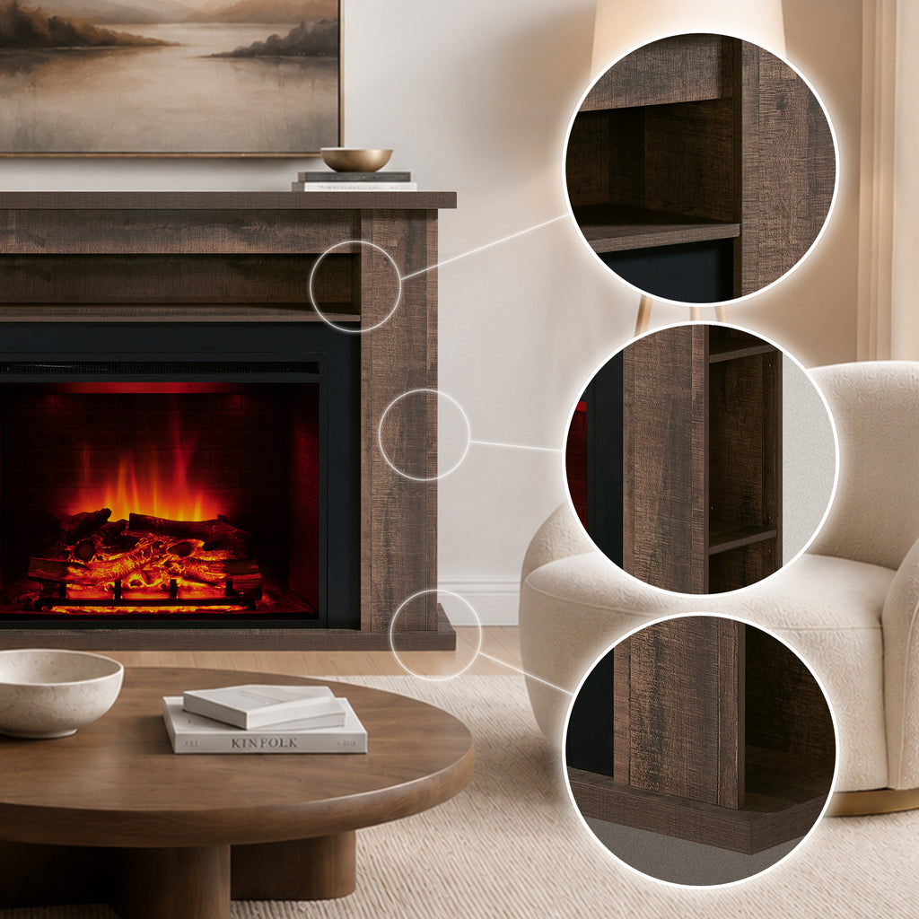 PuraFlame Fireplace Suite, 56 Inch Mantel Surround, Rustic Dark Oak Veneer, with Western 33” Electric Fireplace Insert, 750W/1500W, Adjustable Flame, Remote