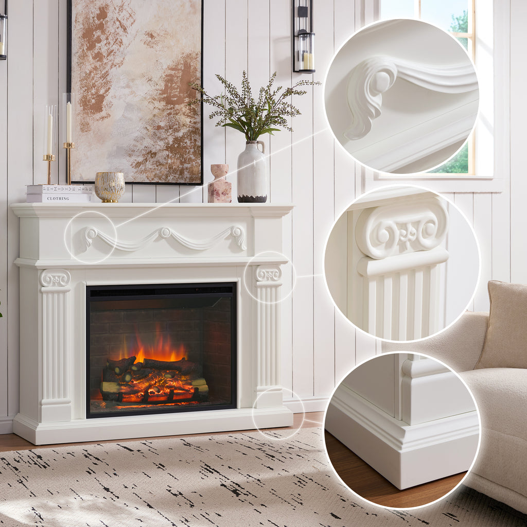 PuraFlame Fireplace Suite, 52 Inch Mantel Surround, Cream White with Exquisite Carving, with Western 30” Electric Fireplace Insert, 750W/1500W, Adjustable Flame, Remote
