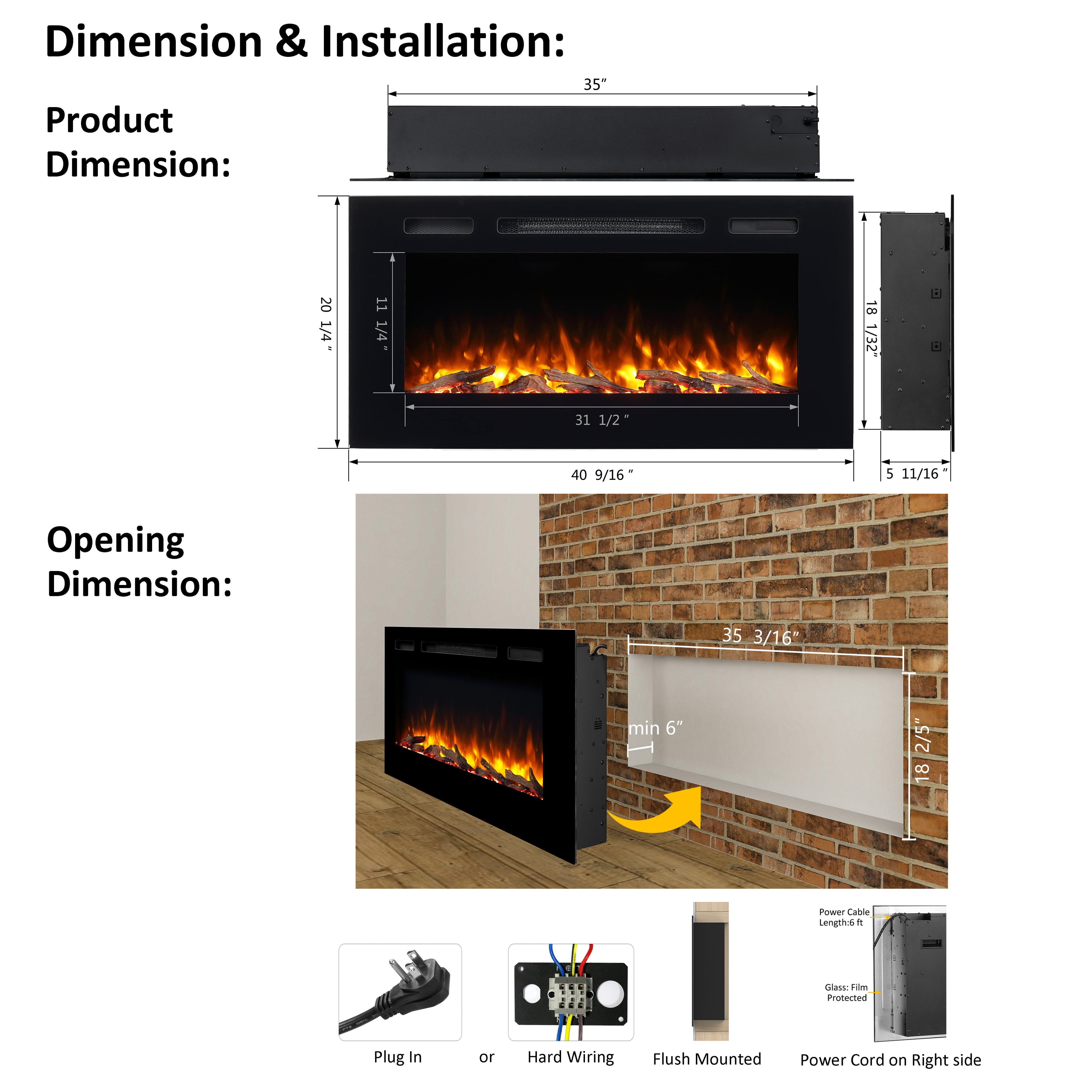 PuraFlame Alice 40&68 Inches Recessed Electric Fireplace, Flush Mounted for 2 X 6 Stud, Log Set & Crystal, 1500W Heater, Black