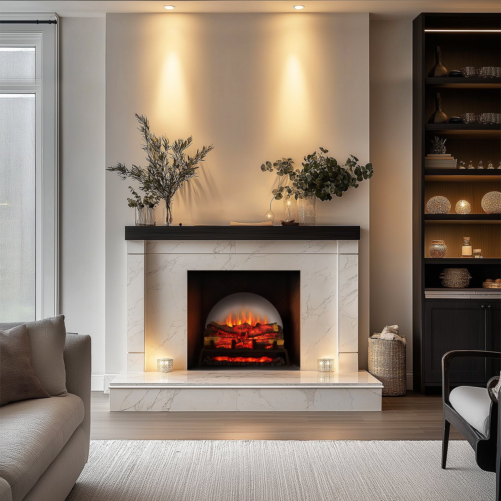 PuraFlame 24&27" Free Standing Electric Fireplace Log Set Insert, 750W/1500W Heater, 6 Flame Colors with 5 Brightness, Crackling Sound, Remote Control