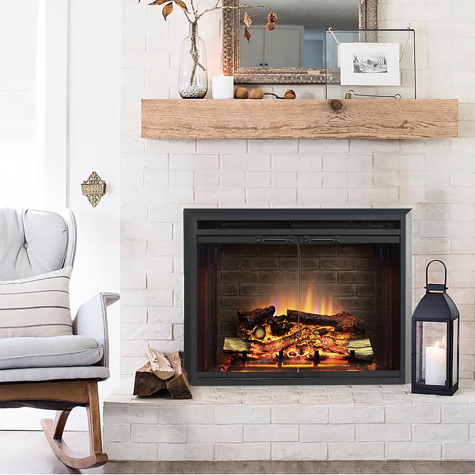 PuraFlame 30” Klaus Electric Fireplace Insert with Fire Crackling Sound Glass Door and Mesh Screen