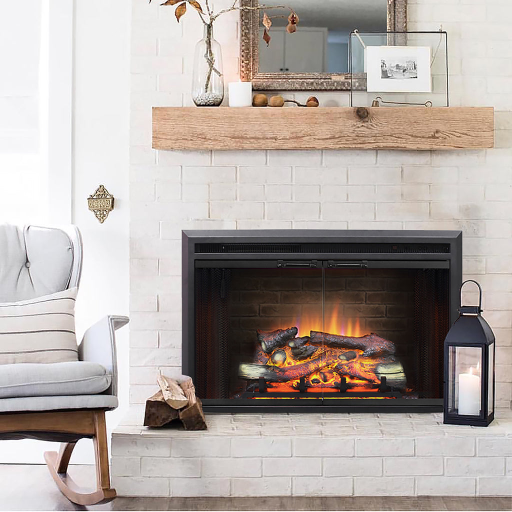 PuraFlame 33” Low Klaus Electric Fireplace Insert with Fire Crackling Sound Glass Door and Mesh Screen